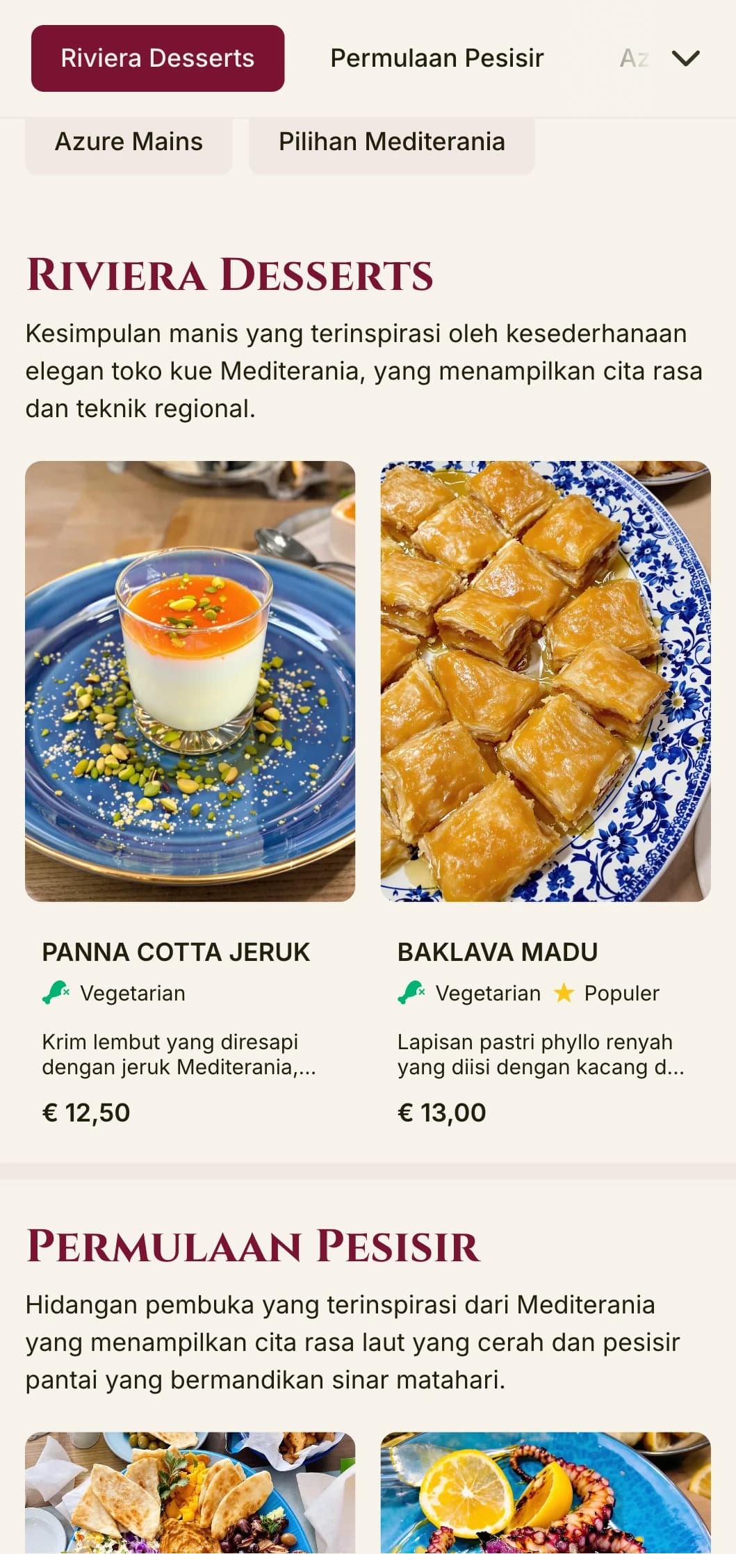 Desain menu makan siang yang mencolok dan terinspirasi dari Mediterania dengan aksen yang semarak dan tata letak yang elegan, cocok untuk restoran tepi pantai kelas atas dan tempat bersantap di tempat liburan.