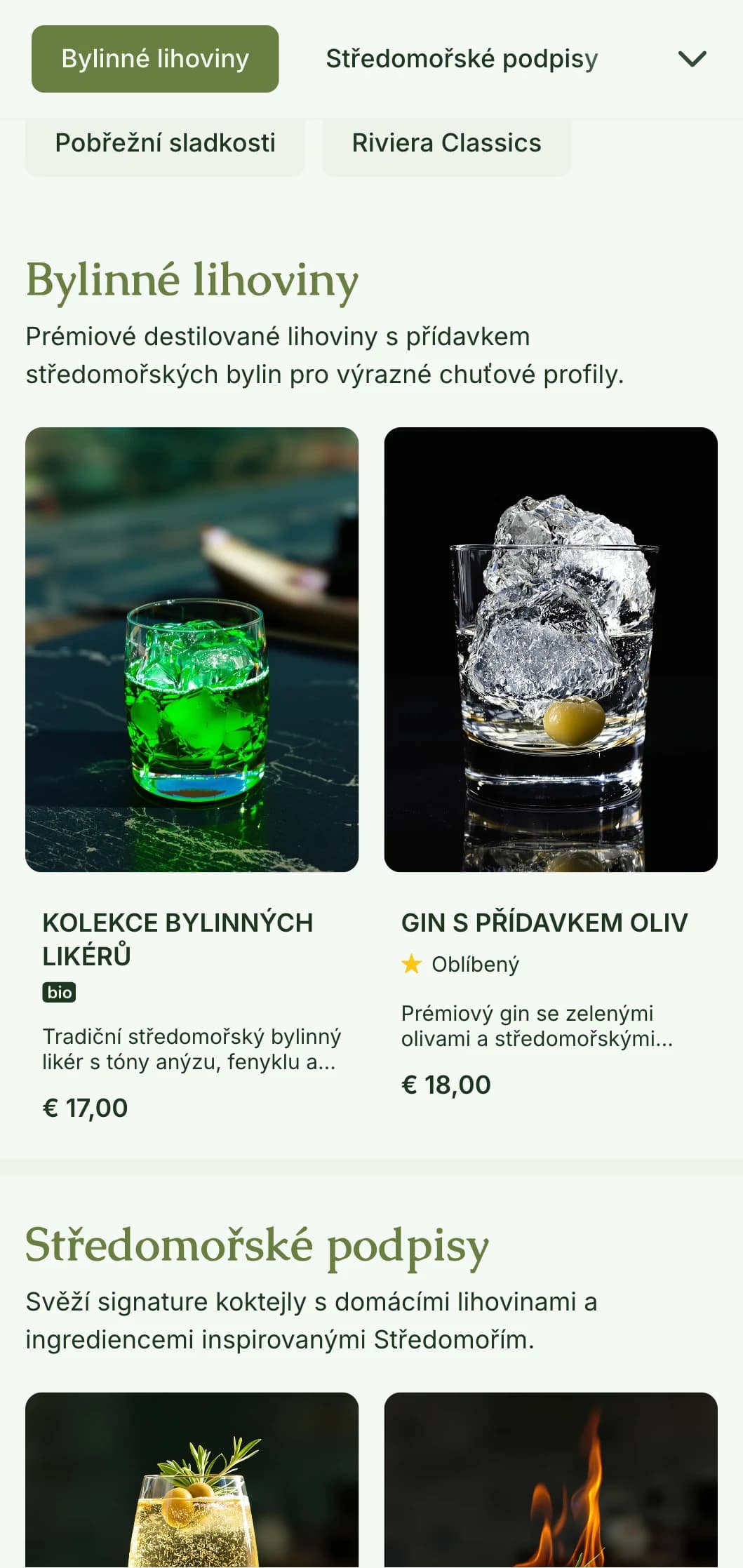 Design inspirovaný Středomořím pro bary specializující se na bylinné likéry a botanické koktejly v olivově zelených tónech.