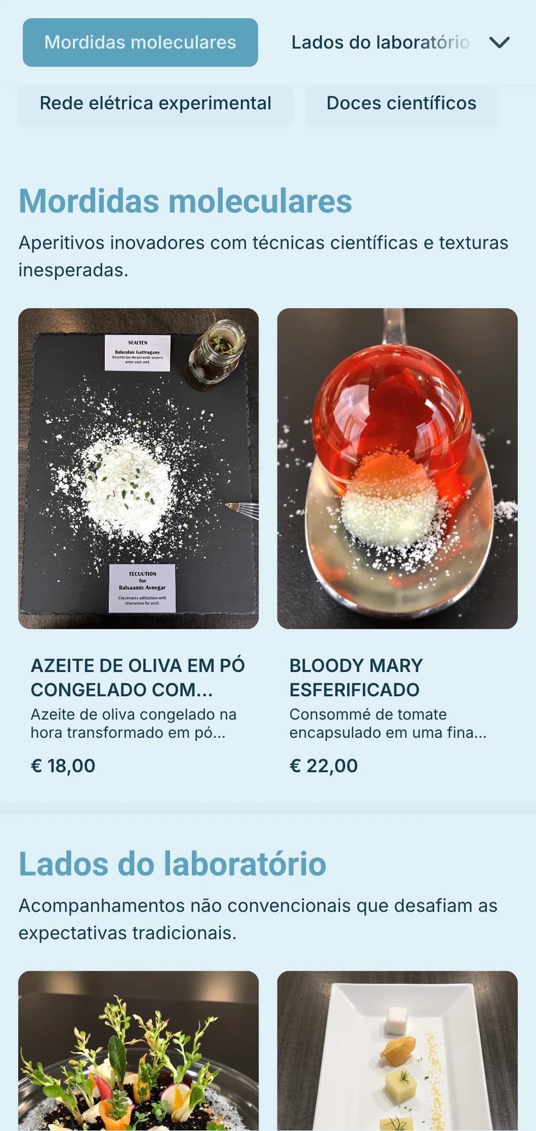 Serviço de bufê inovador de gastronomia molecular com técnicas científicas, texturas incomuns e apresentação dramática para eventos de ponta.