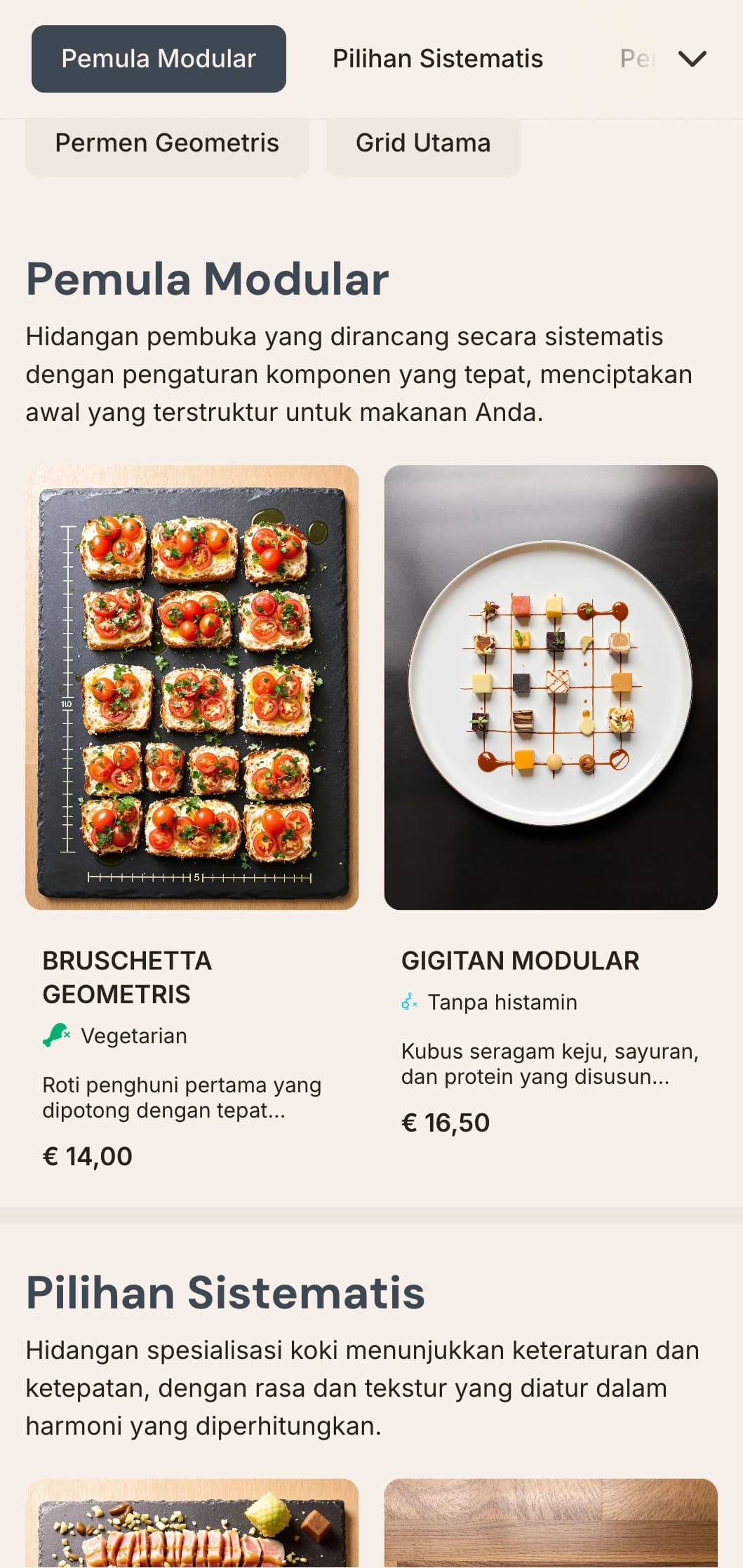 Desain menu makan siang yang terstruktur dan berbasis grid dengan ketepatan matematis dan pengaturan yang rapi, ideal untuk restoran yang berfokus pada desain dan restoran kontemporer.