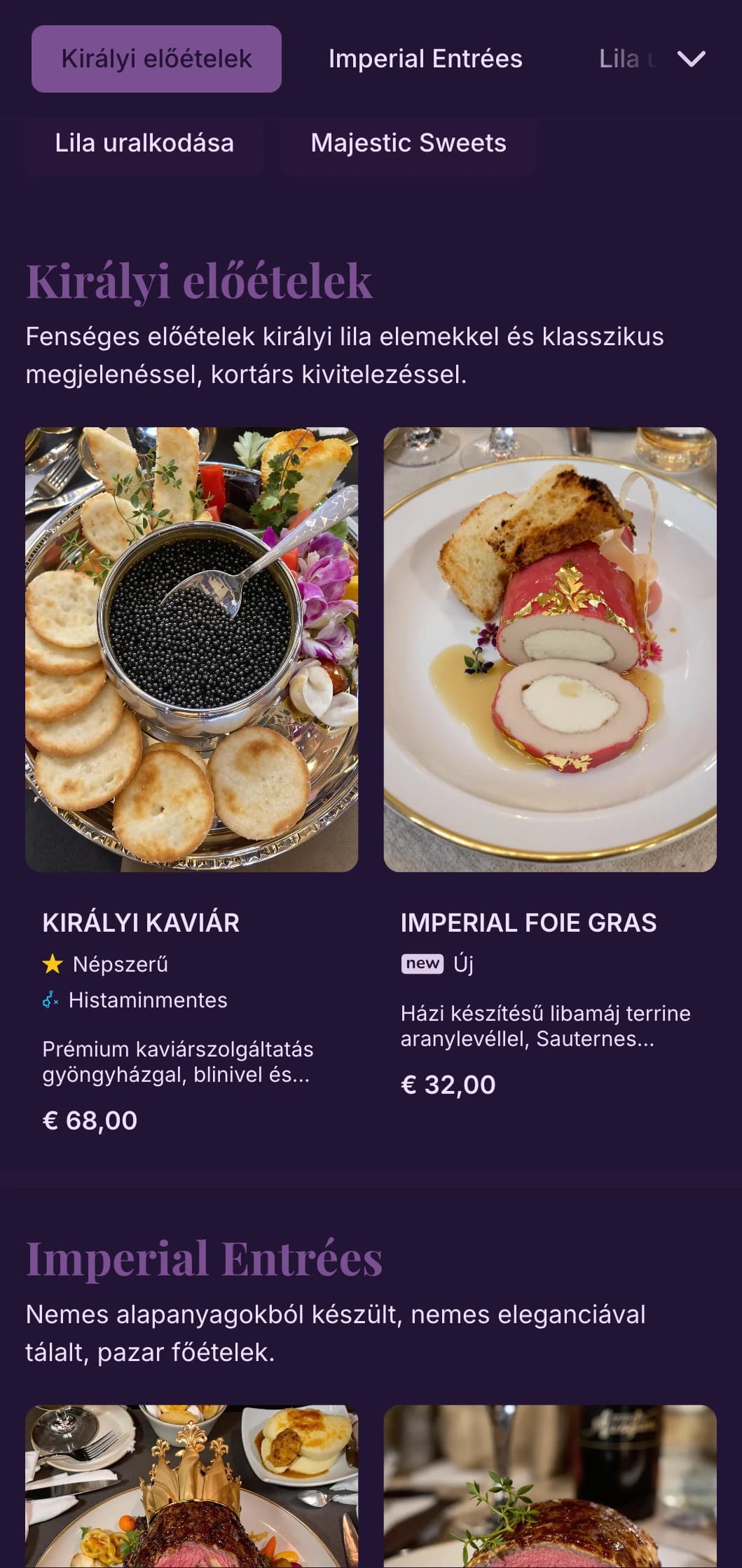 Fenséges étkezési koncepció királyi lila tónusokkal és kortárs luxuselemekkel a nemes élményért.