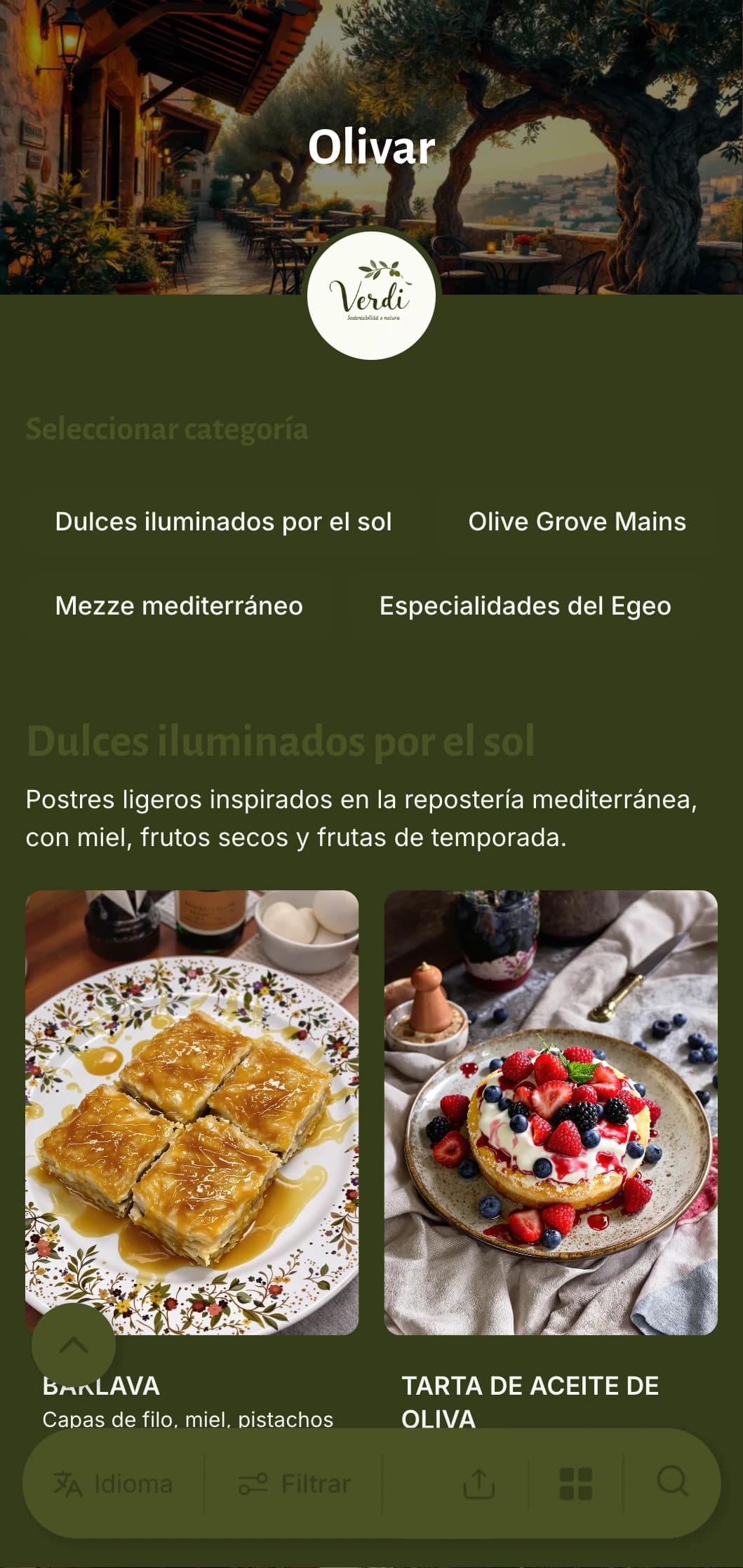 Un menú de inspiración mediterránea con tonos verde oliva y elementos rústicos, perfecto para cenas de cocina griega o mediterránea.