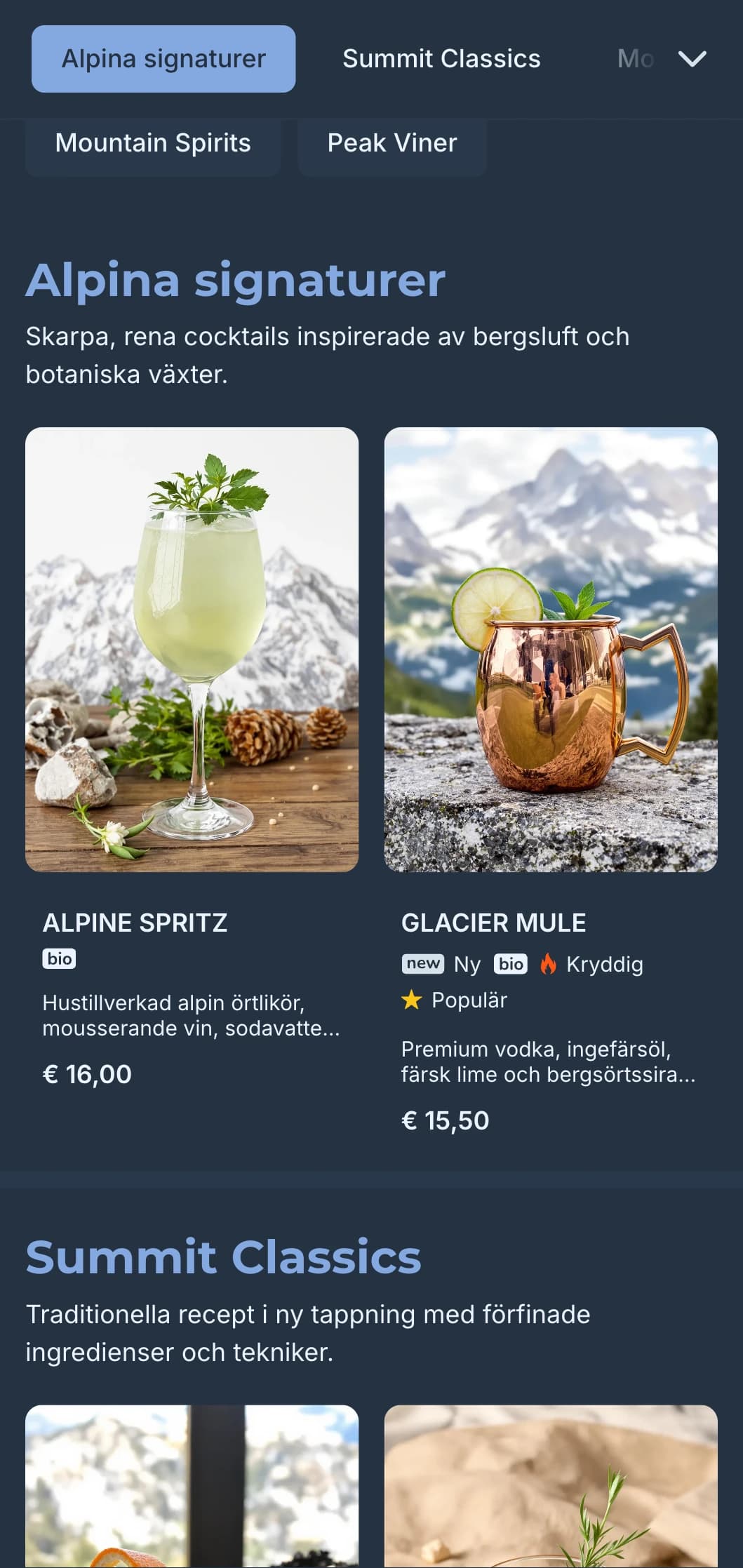 Fräsch blågrå design med bergsmotiv för förhöjda, rena cocktailupplevelser.