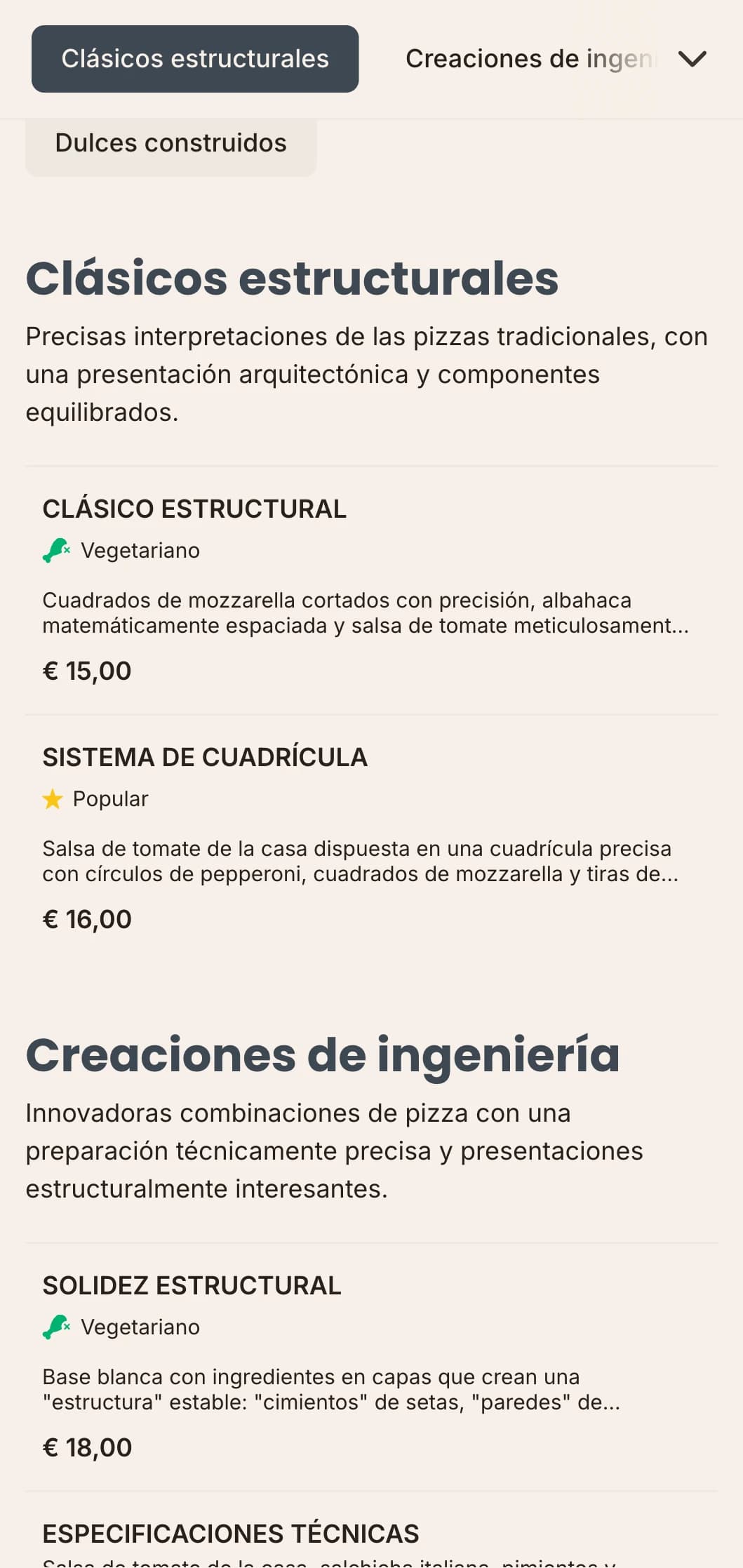 Carta de pizzas de inspiración arquitectónica con trazados precisos y estética técnica.