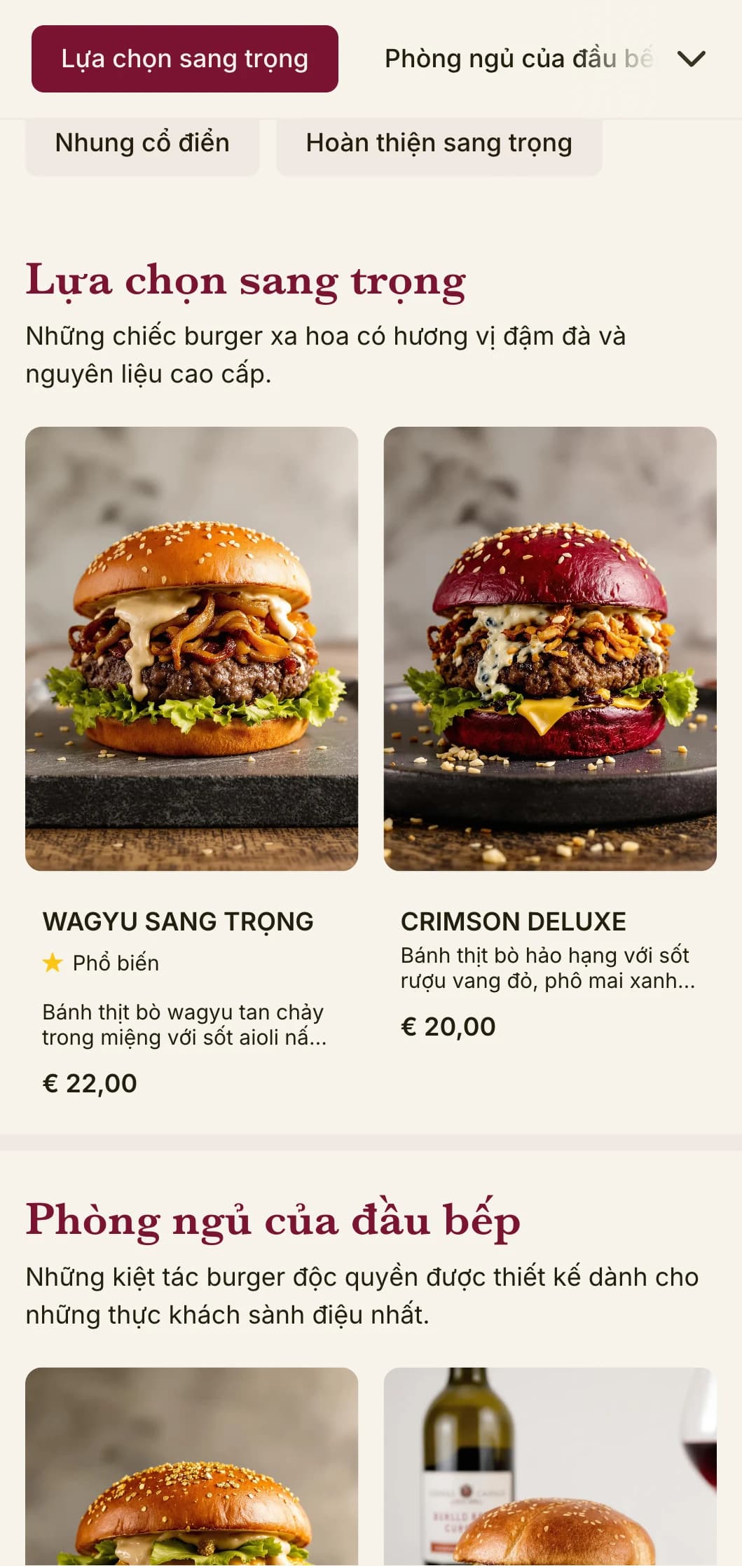Quầy burger sang trọng với kết cấu phong phú và cách trình bày xa hoa.
