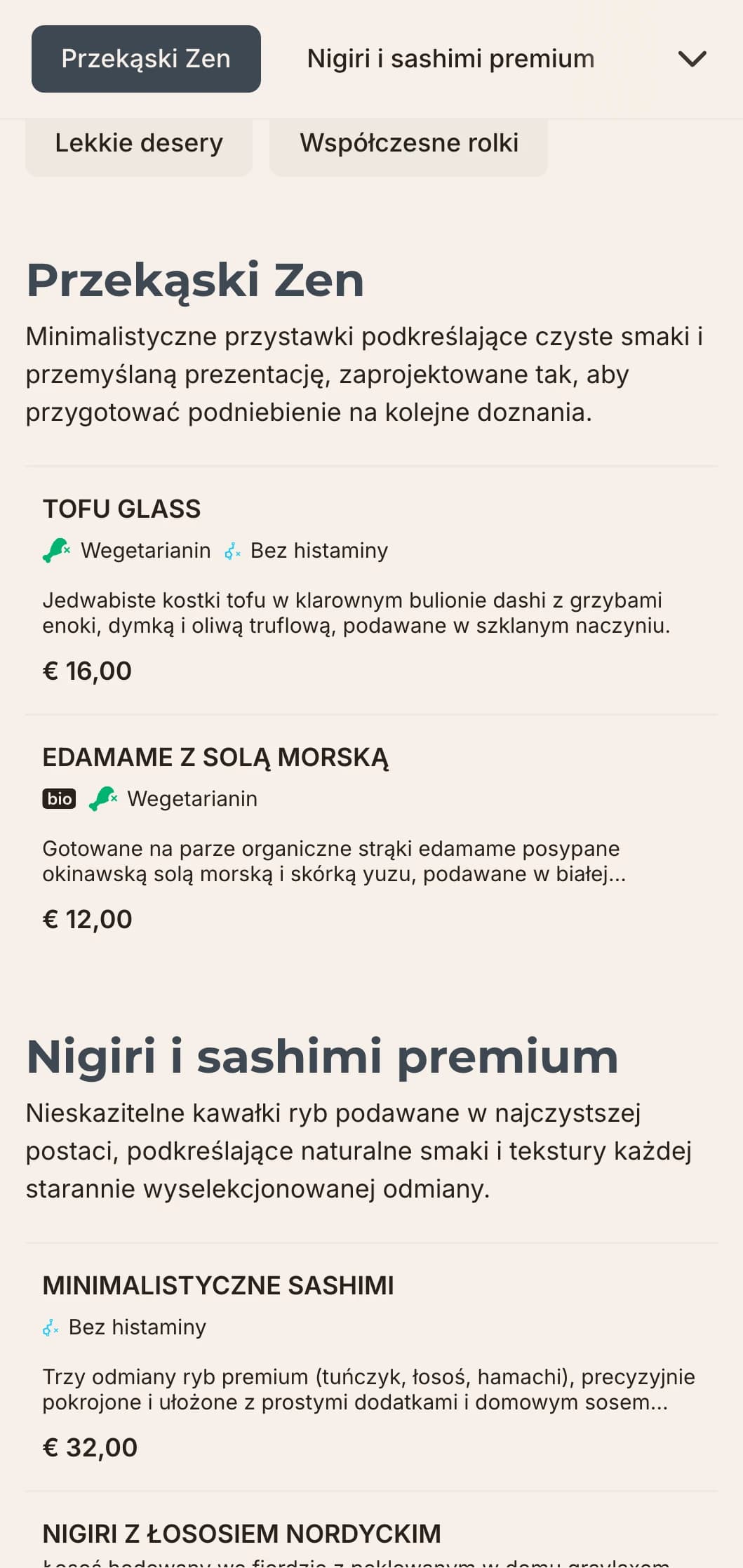 Czysty, współczesny projekt menu sushi o minimalistycznej estetyce, idealny dla ekskluzywnych japońskich restauracji koncentrujących się na prostocie i jakości.