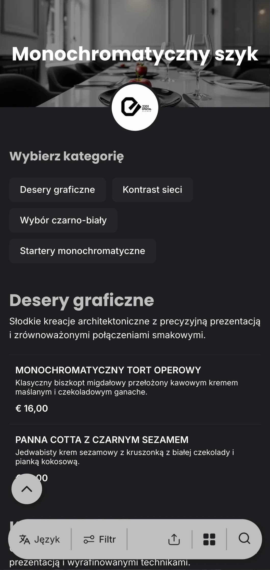 Wyrafinowane czarno-białe menu obiadowe z odważną typografią i czystymi liniami, zaprojektowane z myślą o współczesnych wykwintnych posiłkach.