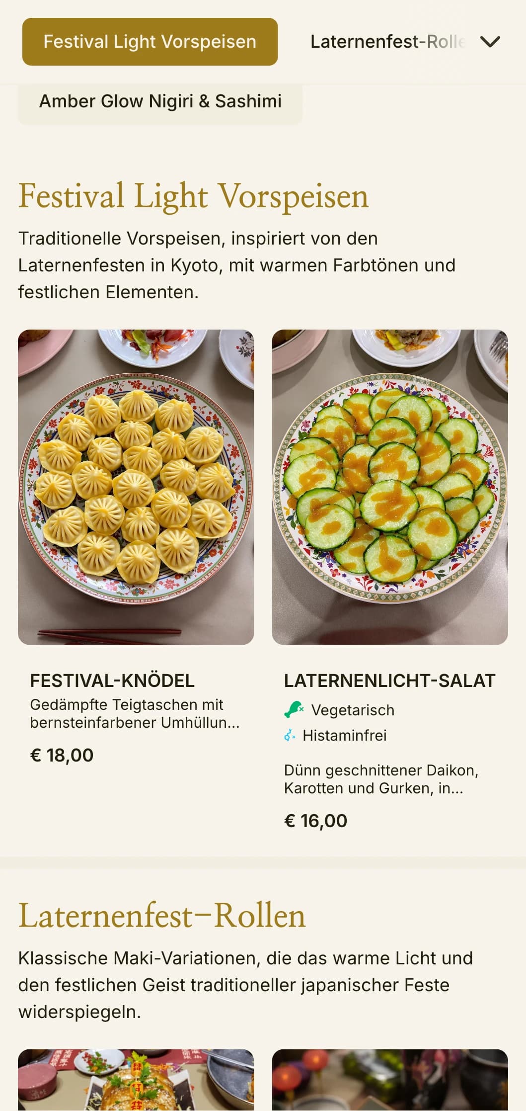 Traditionelles, von Laternen inspiriertes Sushi-Menü mit warmen Bernsteintönen für eine authentische japanische Atmosphäre.