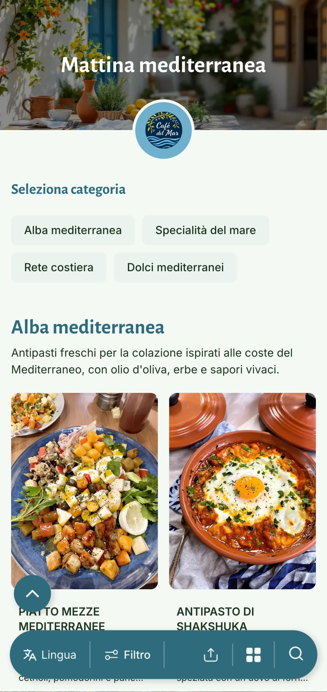 Sagoma per brunch luminosa e ariosa con influenze mediterranee, perfetta per le caffetterie che offrono piatti sani e a base di olio d'oliva.