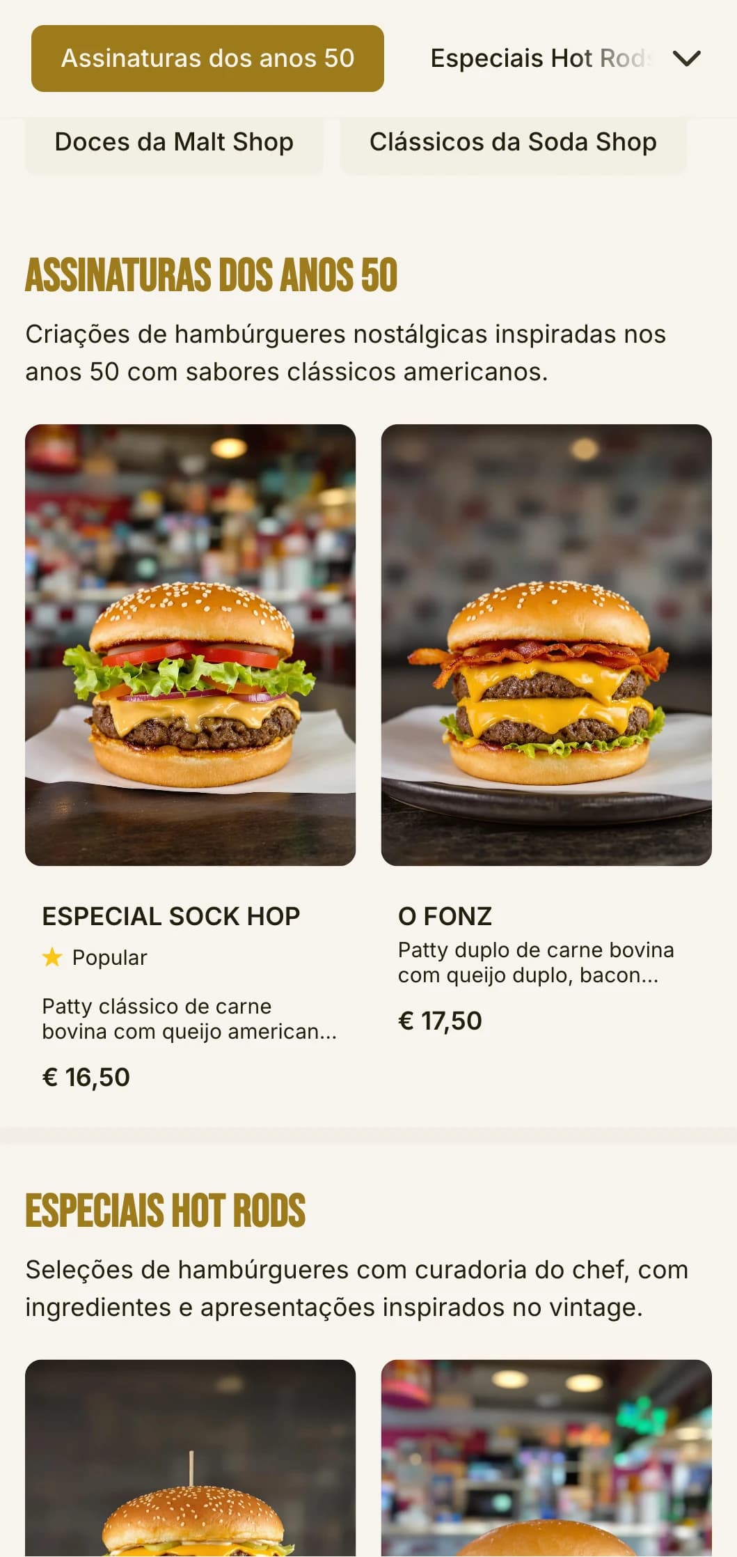 Hamburgueria inspirada nos anos 1950, com padrões quadriculados e elementos nostálgicos de loja de refrigerantes.