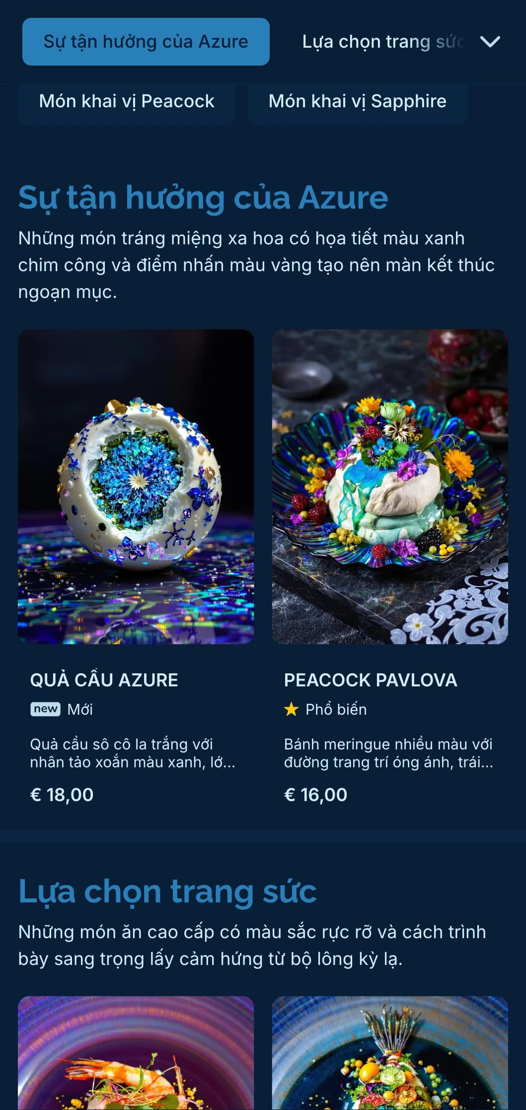 Ý tưởng sống động nhưng tinh tế với tông màu xanh chim công và điểm nhấn màu vàng tinh tế mang đến trải nghiệm ẩm thực sang trọng.