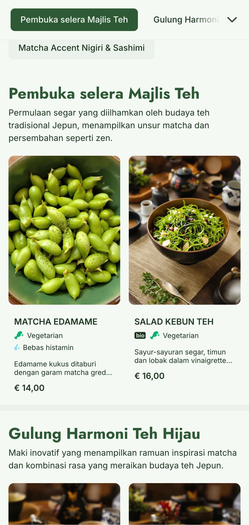 Menu sushi kontemporari yang menampilkan rona hijau matcha yang bertenaga untuk pertubuhan yang mementingkan kesihatan dan berinspirasikan teh.
