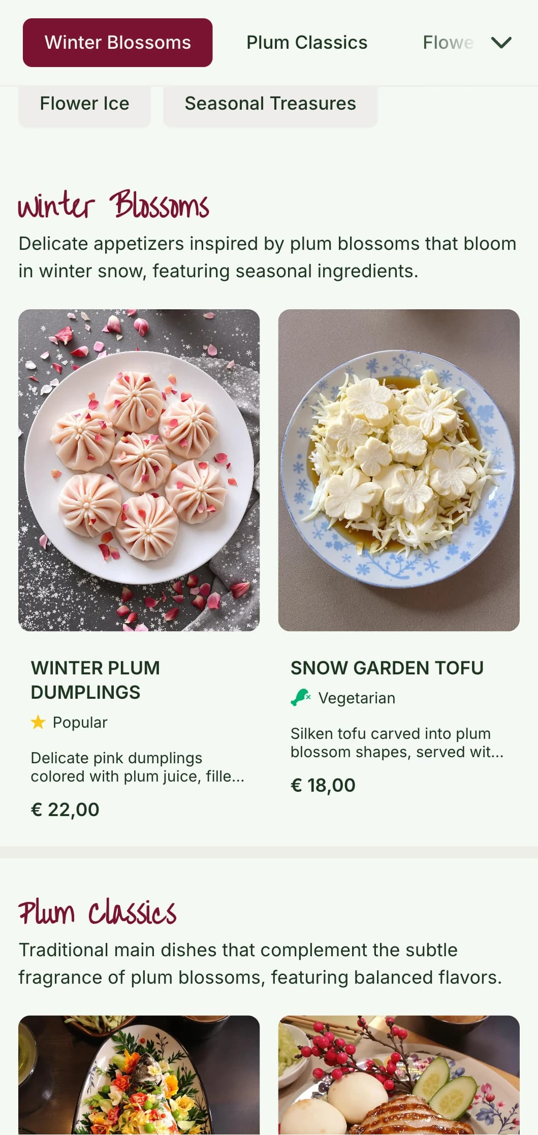 Fresh Chinese menu design inspired by plum blossoms, with delicate patterns for seasonal winter and spring cuisine.