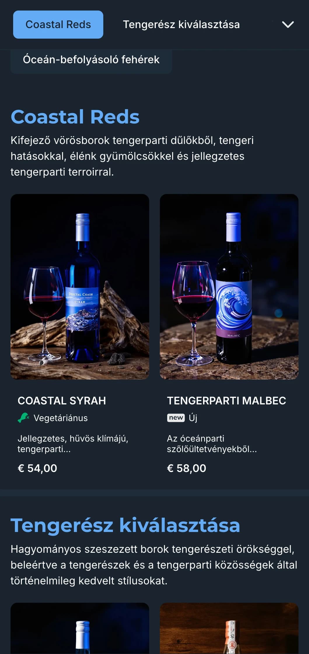 Mediterrán ihletésű, sötét borlap sablon élénk kék akcentusokkal, tökéletes esti tengerparti éttermek és tengerparti borélmények számára.