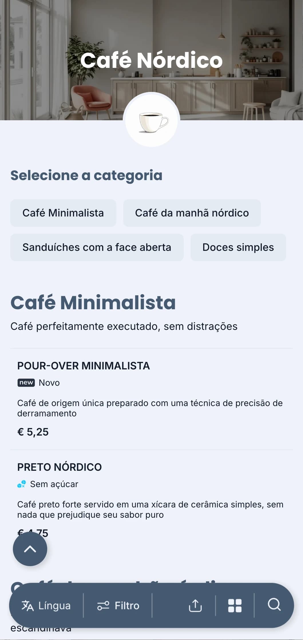 Design limpo de inspiração escandinava com tons azuis frios para cafeterias modernas e minimalistas.