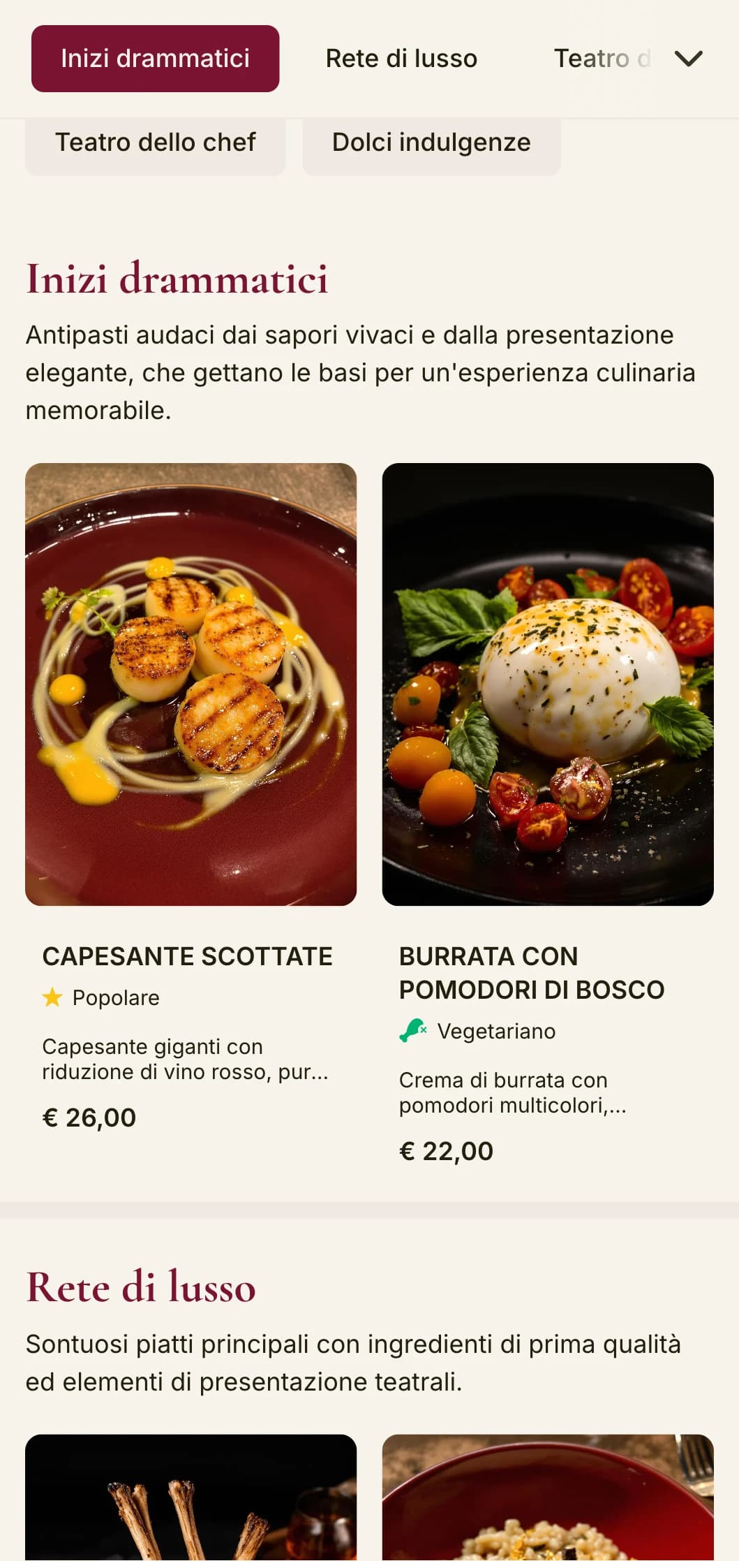 Un menu per la cena audace e drammatico, caratterizzato da toni rossi profondi e da elementi lussuosi, pensato per locali di alto livello con un tocco teatrale.