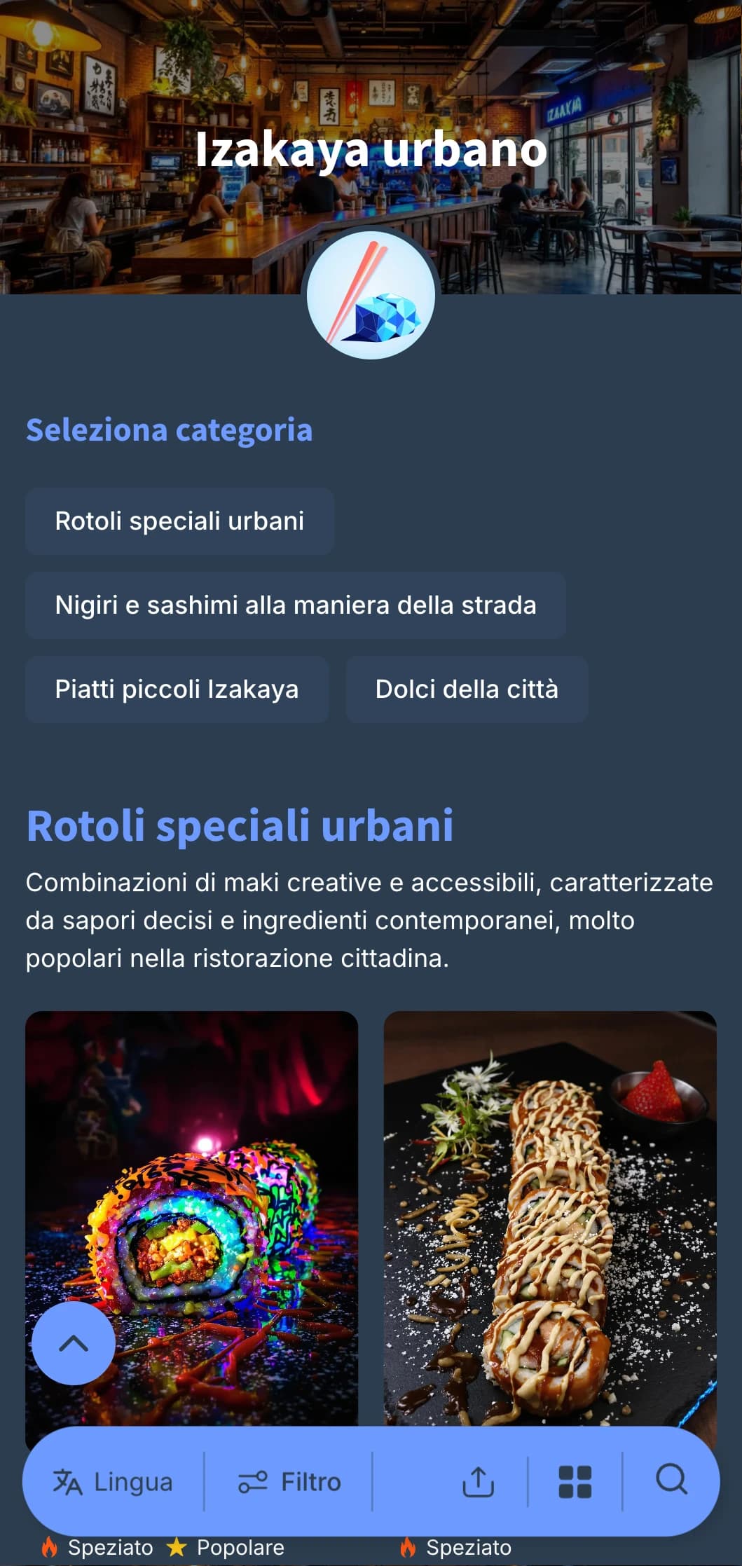 Menù contemporaneo in stile pub giapponese con un tocco urbano, caratterizzato da blu freddo e blu profondo per una cena informale.