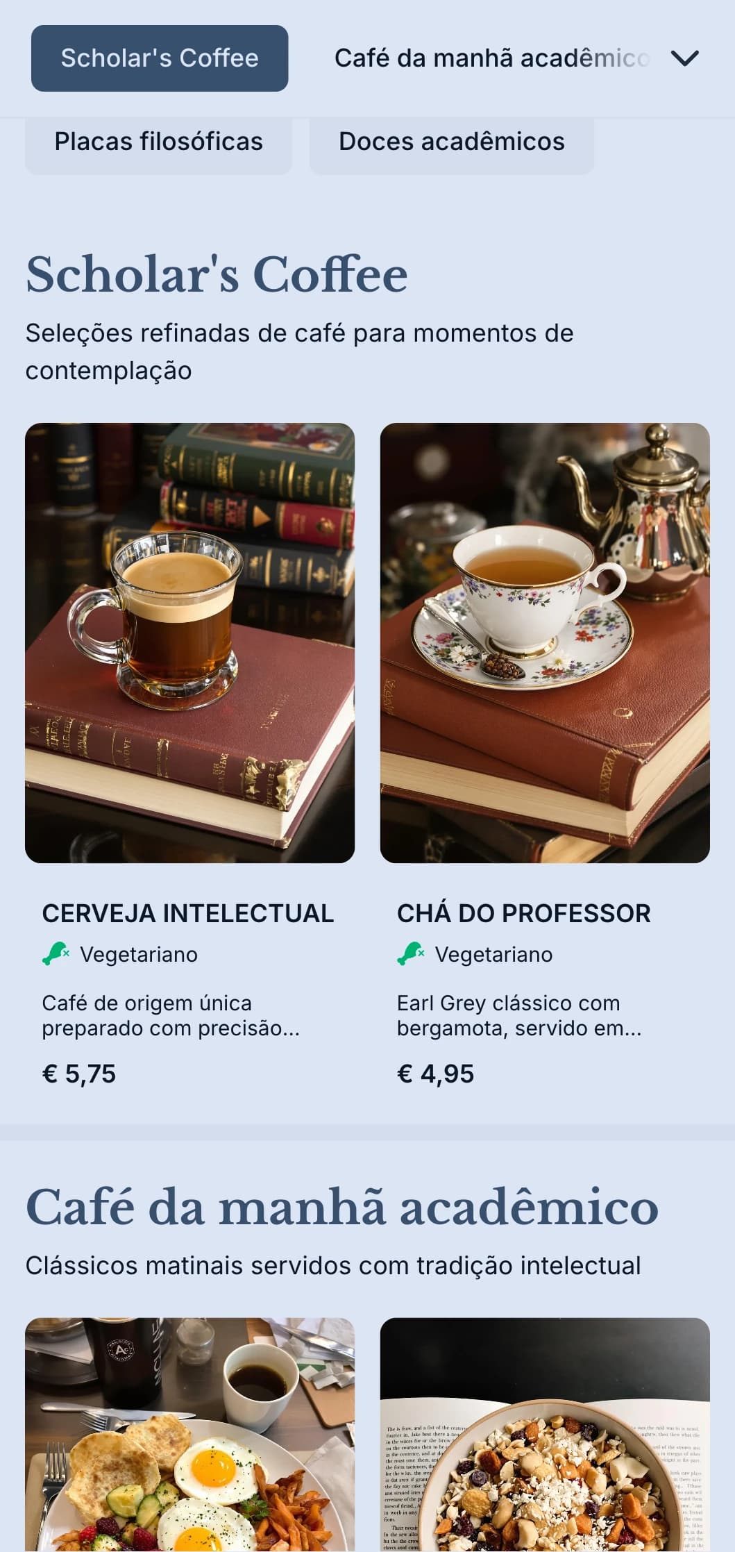 Design sofisticado em azul-marinho com elementos acadêmicos para cafeterias adjacentes a universidades.