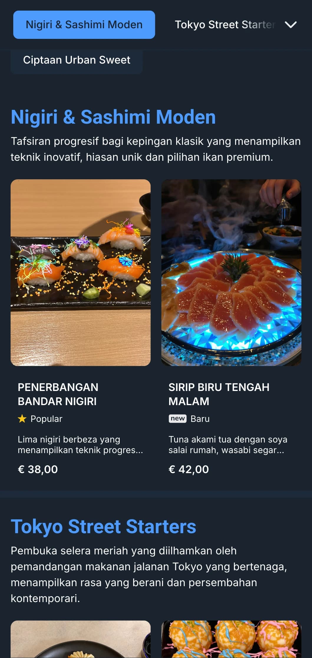 Menu sushi kontemporari yang berani dengan estetika inspirasi malam yang dramatik, menampilkan aksen biru terang dengan latar belakang arang yang dalam.