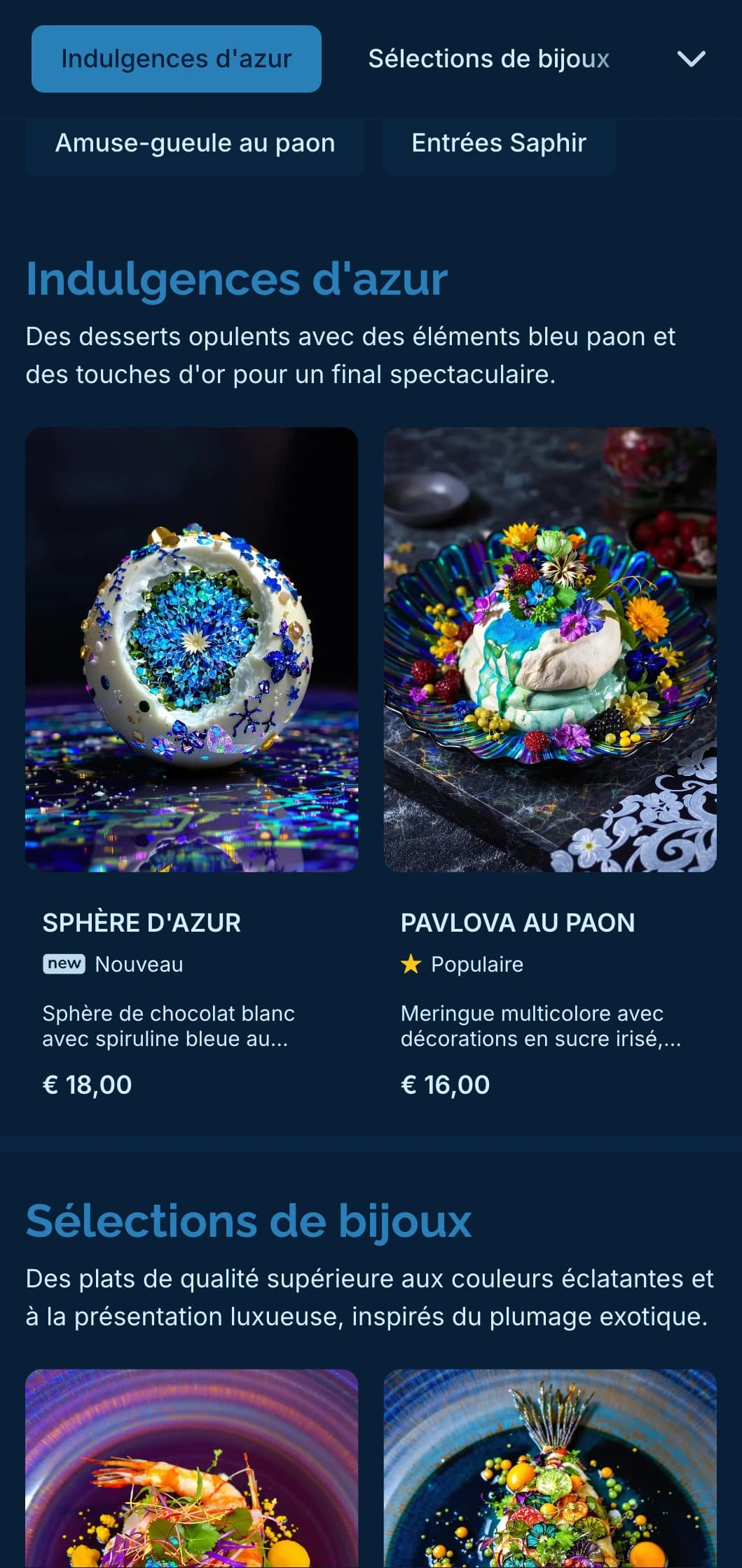 Un concept à la fois dynamique et sophistiqué, avec des tons bleu paon et des touches subtiles d'or, pour une expérience gastronomique luxueuse.