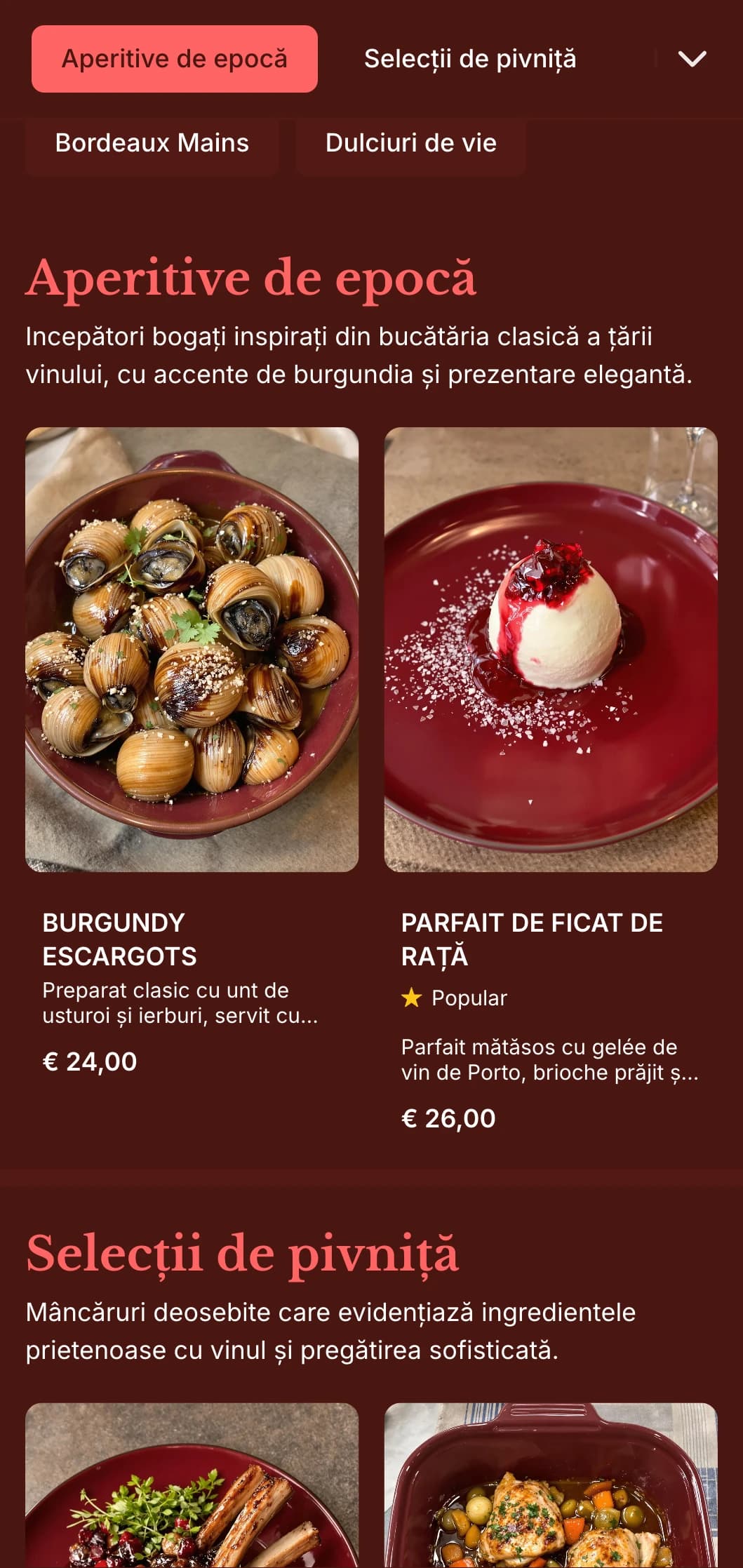 Un meniu de cină bogat, inspirat de vinuri, cu tonuri de burgundy profunde și elemente vintage, conceput pentru unitățile cu programe extinse de vinuri.