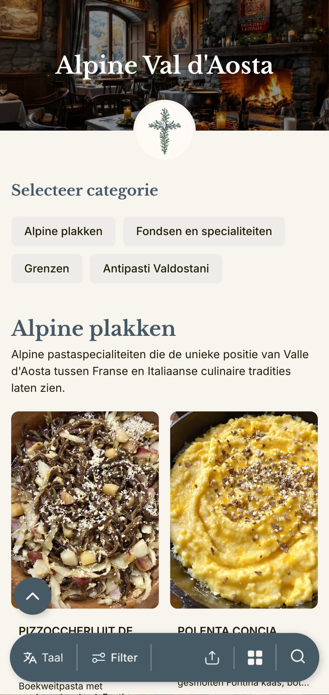 Op de bergen geïnspireerd ontwerp dat de Frans-Italiaanse fusionkeuken van de kleinste Alpenregio van Italië viert.