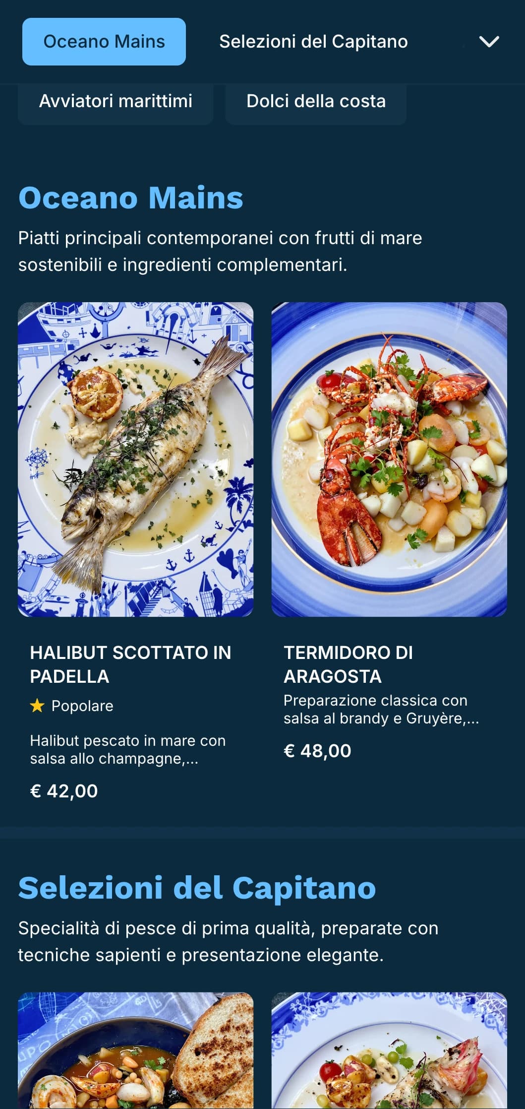 Un menu per la cena dai toni blu e nitidi, con influenze nautiche, perfetto per i ristoranti di pesce di alto livello.