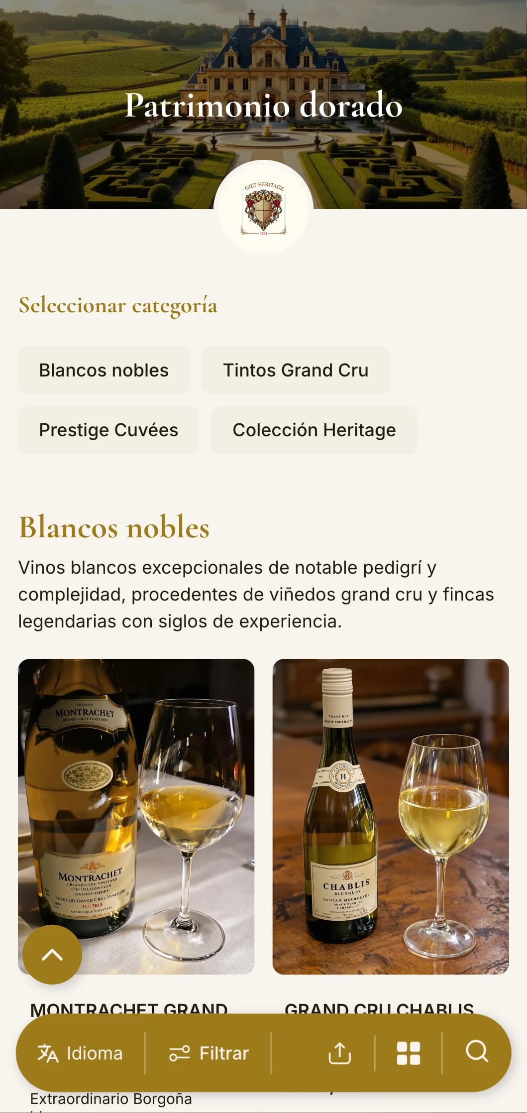 Plantilla de carta de vinos lujosamente tradicional con acentos dorados y elementos patrimoniales, perfecta para bodegas establecidas y restaurantes clásicos de alta cocina.