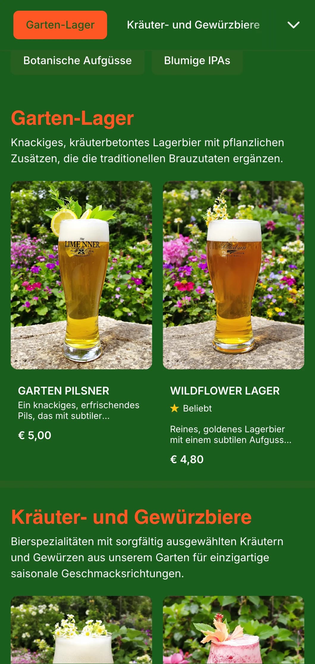 Frisches, botanisch inspiriertes Design mit üppigen Grüntönen und Pflanzenelementen, ideal für Gartenbrauereien und Biergärten.