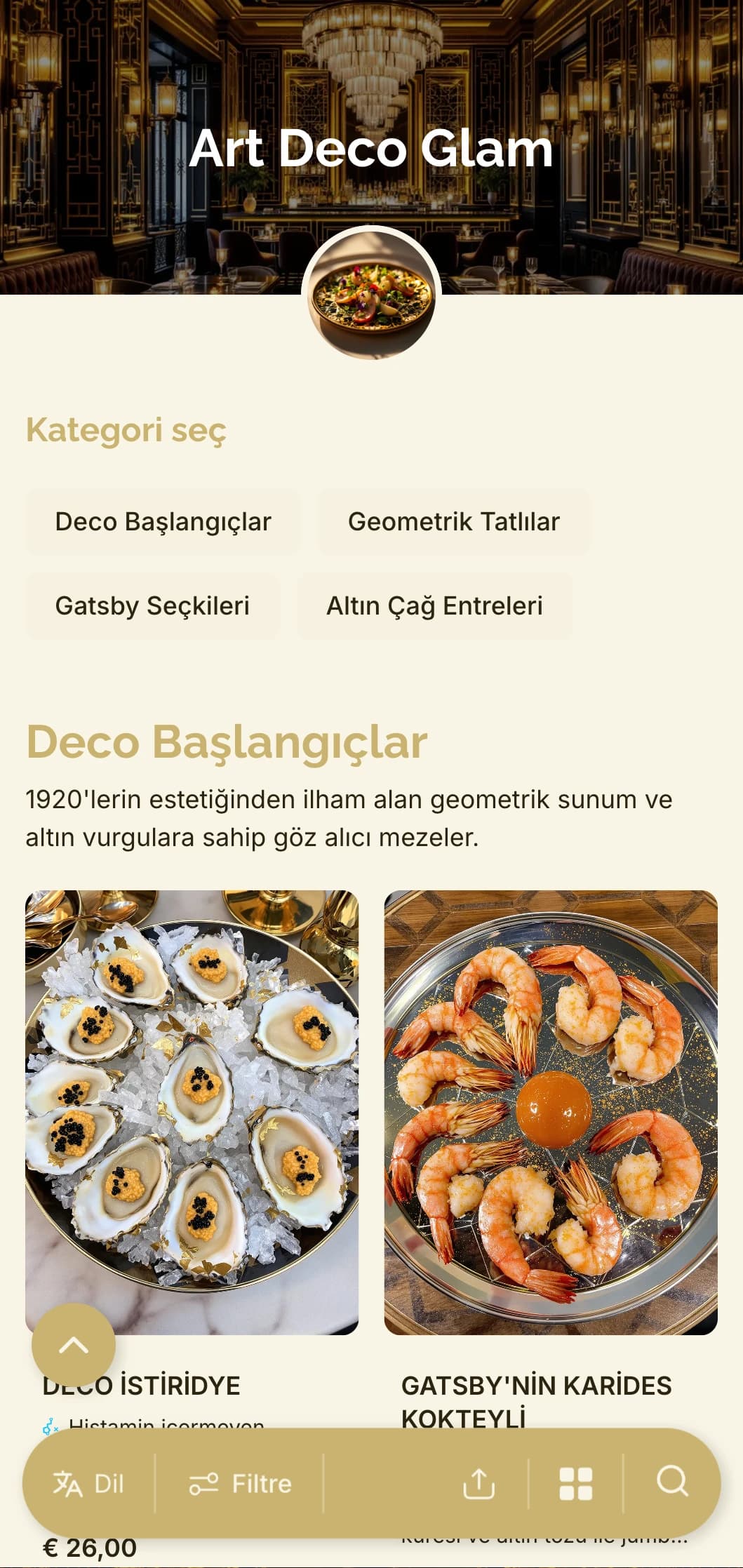 Zamansız ama çağdaş bir yemek deneyimi için geometrik desenlere ve altın vurgulara sahip 1920'lerden ilham alan göz alıcı tasarım.