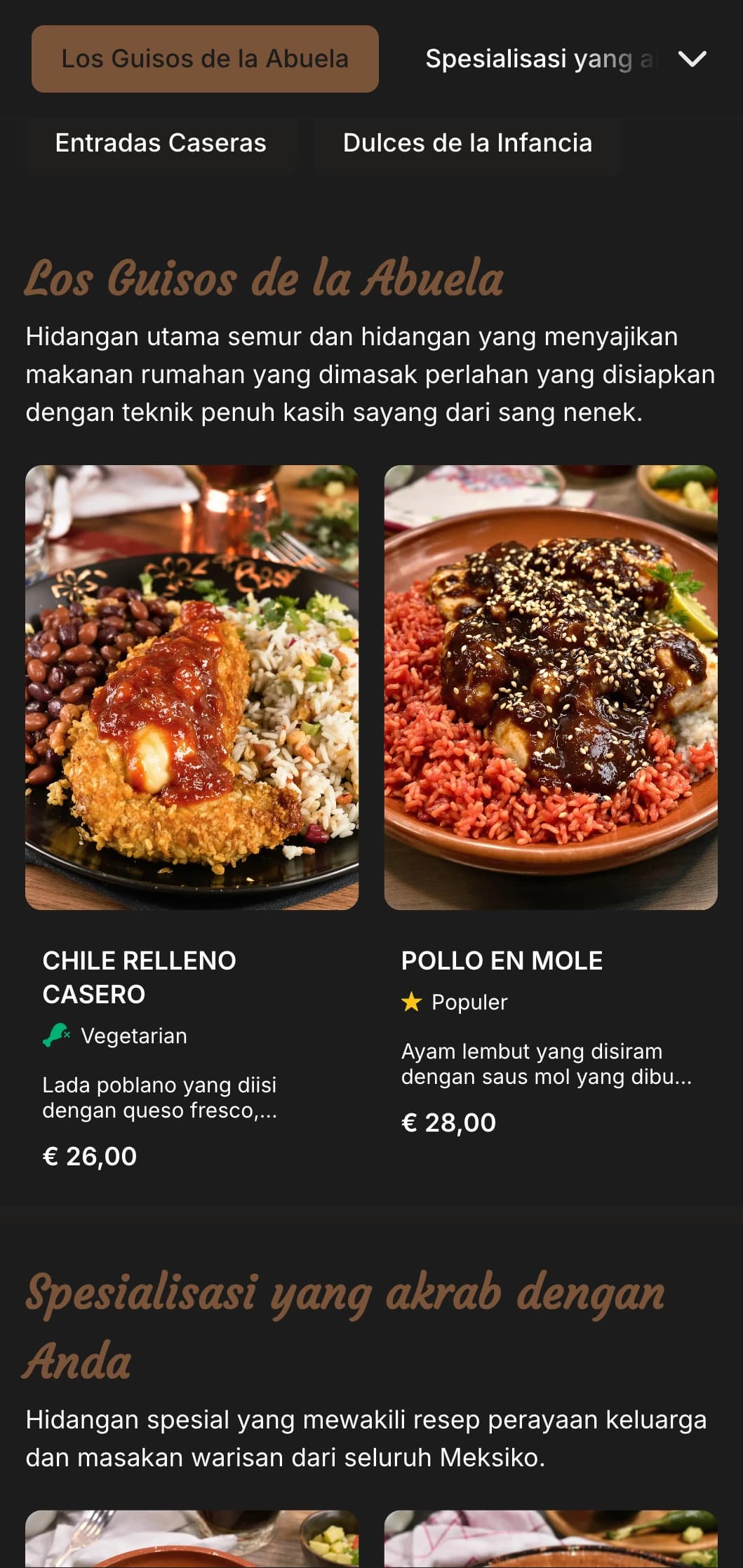 Menu Meksiko bergaya rumahan yang hangat dan nyaman yang menampilkan resep nenek, aksen cokelat hangat, dan hidangan tradisional ala keluarga.