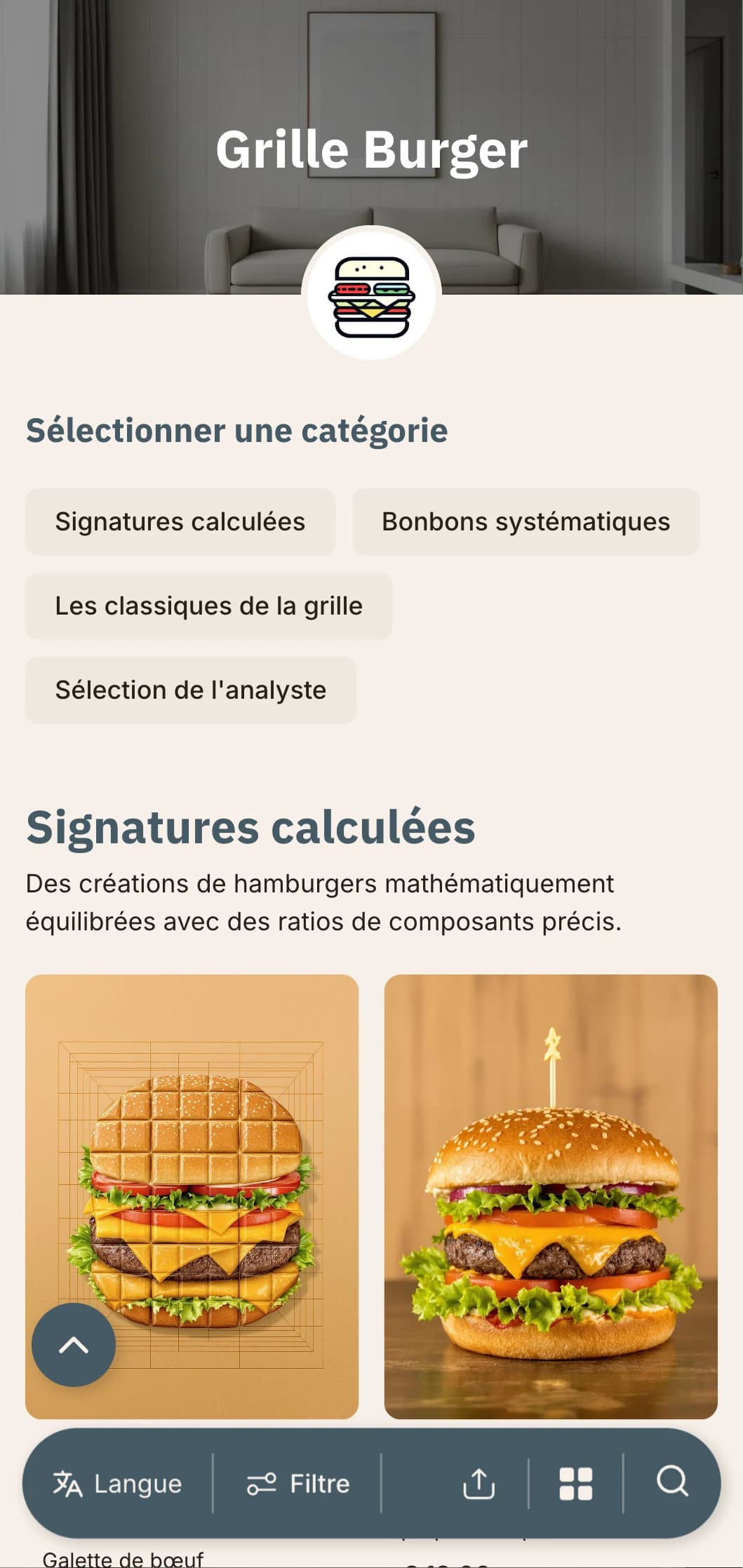 Concept de burger de précision mathématique avec des grilles et une présentation systématique.