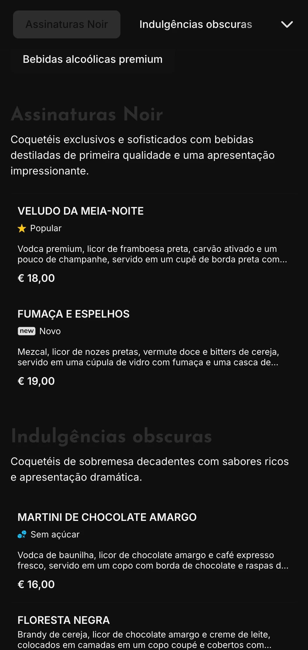 Um design elegante e escuro para lounges de coquetéis e casas noturnas contemporâneas com elementos de alto contraste e tipografia arrojada.