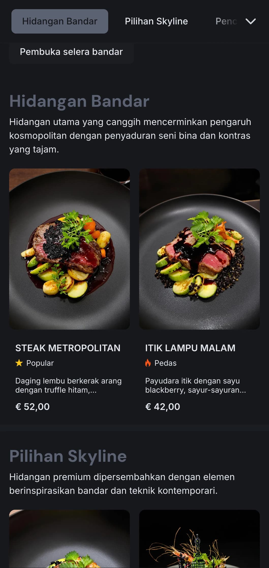 Konsep metropolitan yang berani dengan rona gelap dan kontras yang tajam untuk pengalaman makan bandar kontemporari.