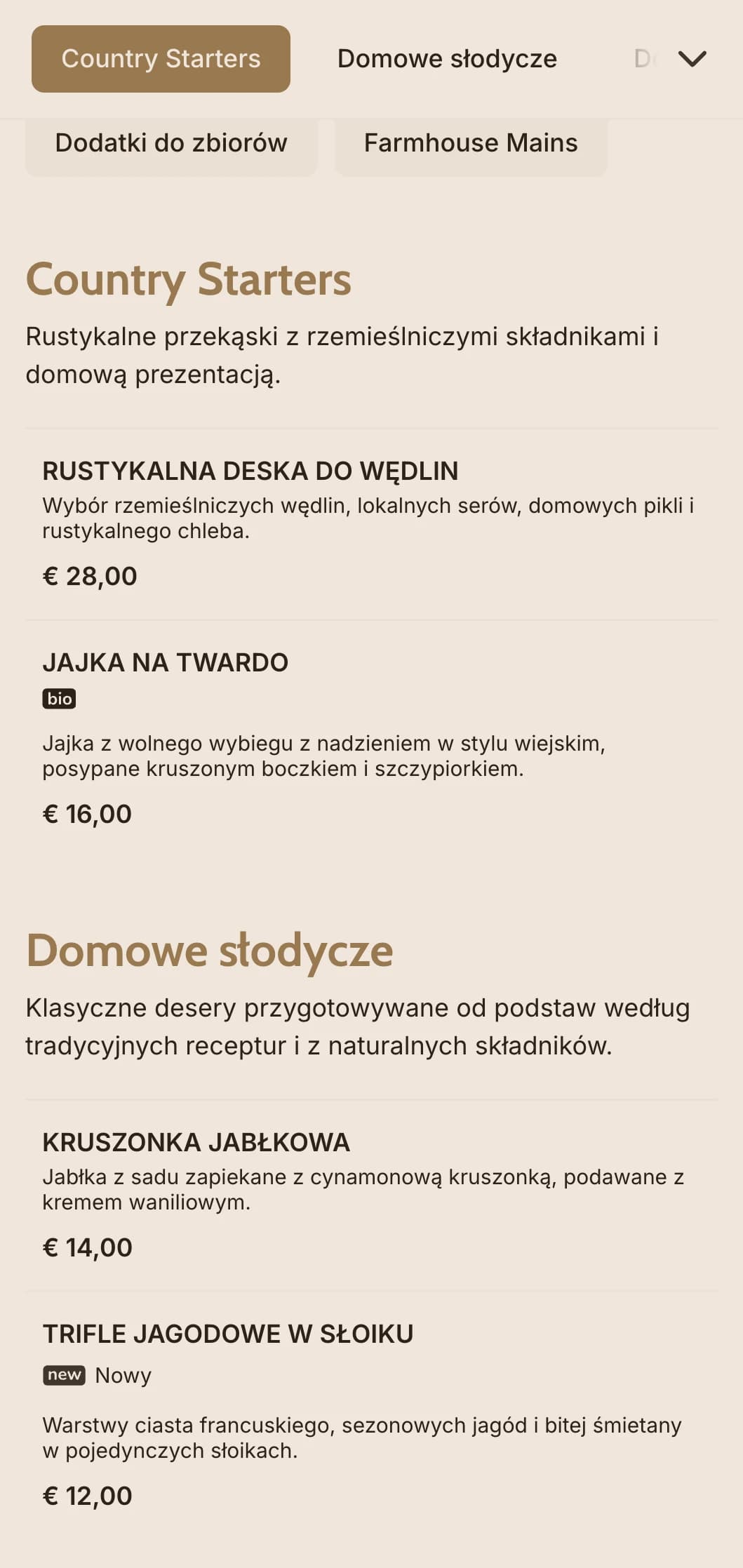 Ciepły catering inspirowany stylem wiejskim z obfitymi daniami, rodzinną obsługą i rustykalną prezentacją na wesela w stodole i imprezy wiejskie.