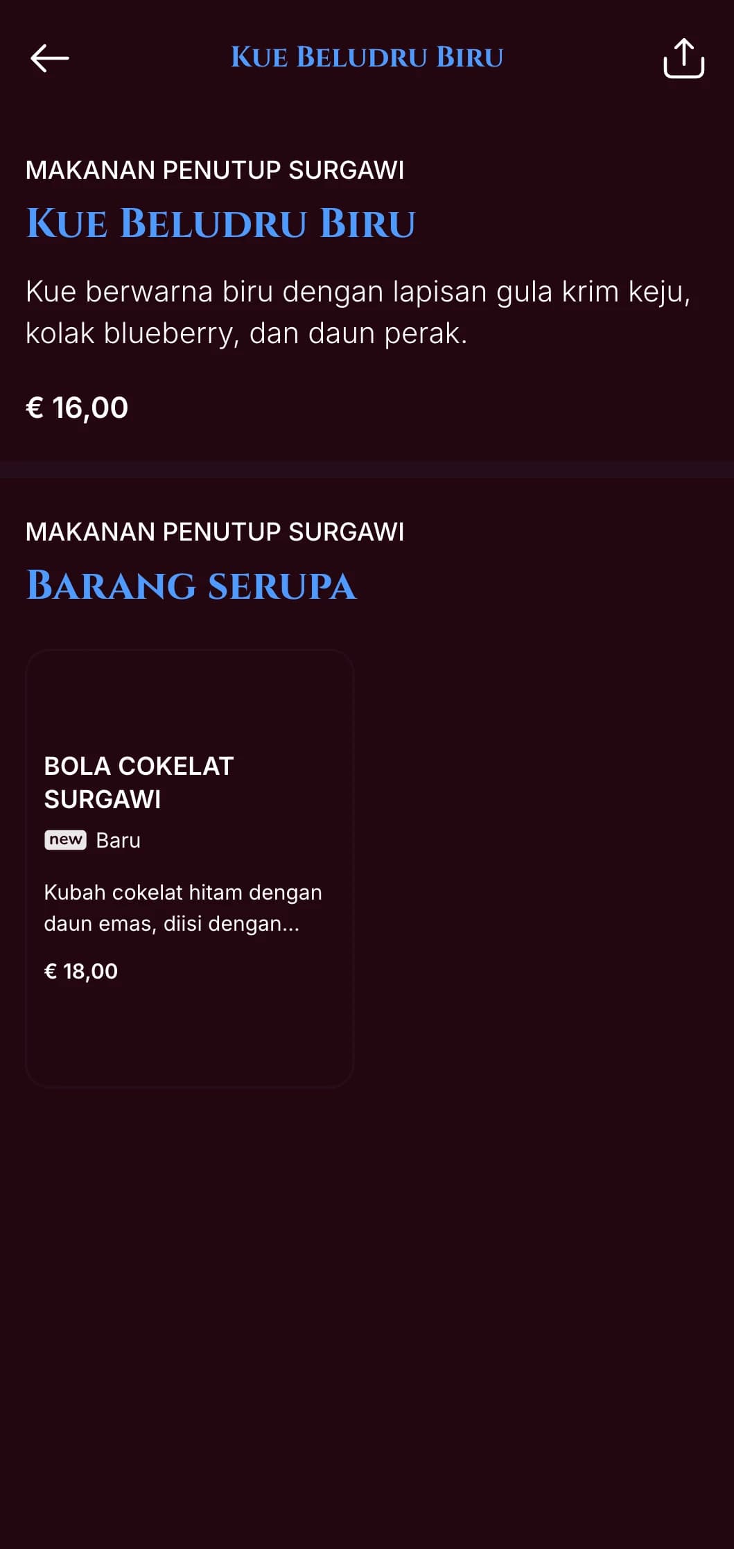 Menu makan malam biru tengah malam yang dramatis dengan aksen keemasan, dirancang untuk tempat bersantap malam dengan suasana mewah.