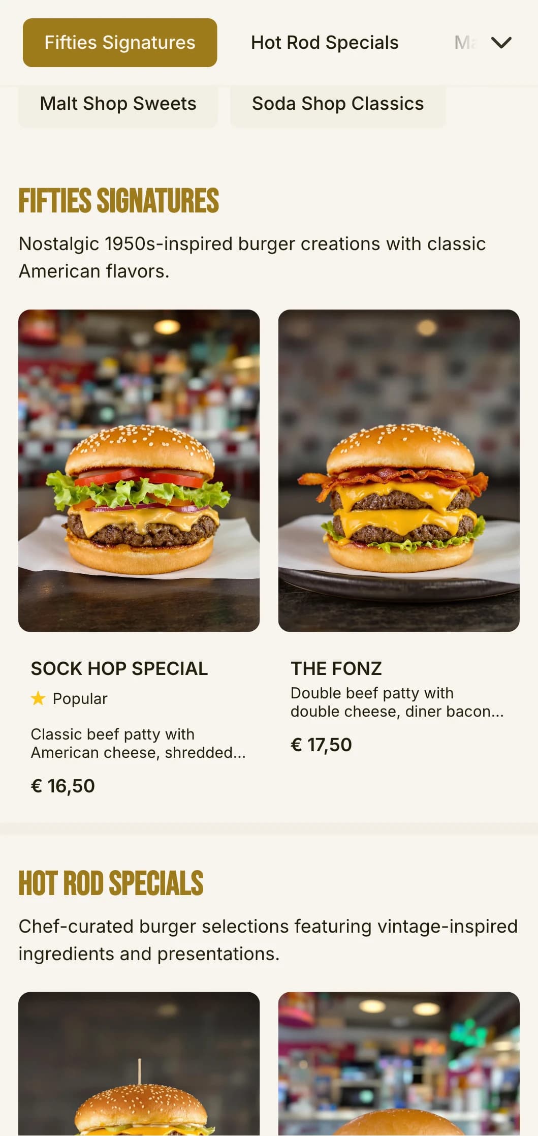 1950s inspired burger shop with checkerboard patterns and nostalgic soda shop elements.