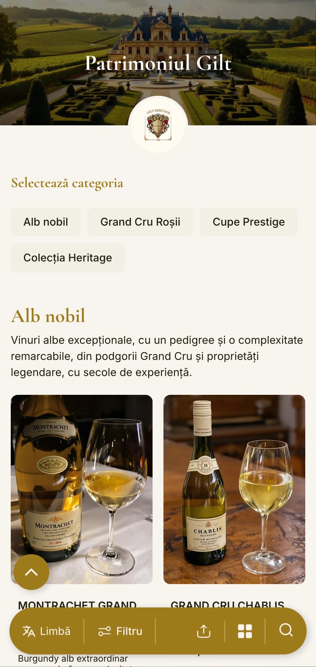 Șablon tradițional de lux pentru lista de vinuri, cu accente aurii și elemente de patrimoniu, perfect pentru crame consacrate și restaurante clasice fine dining.