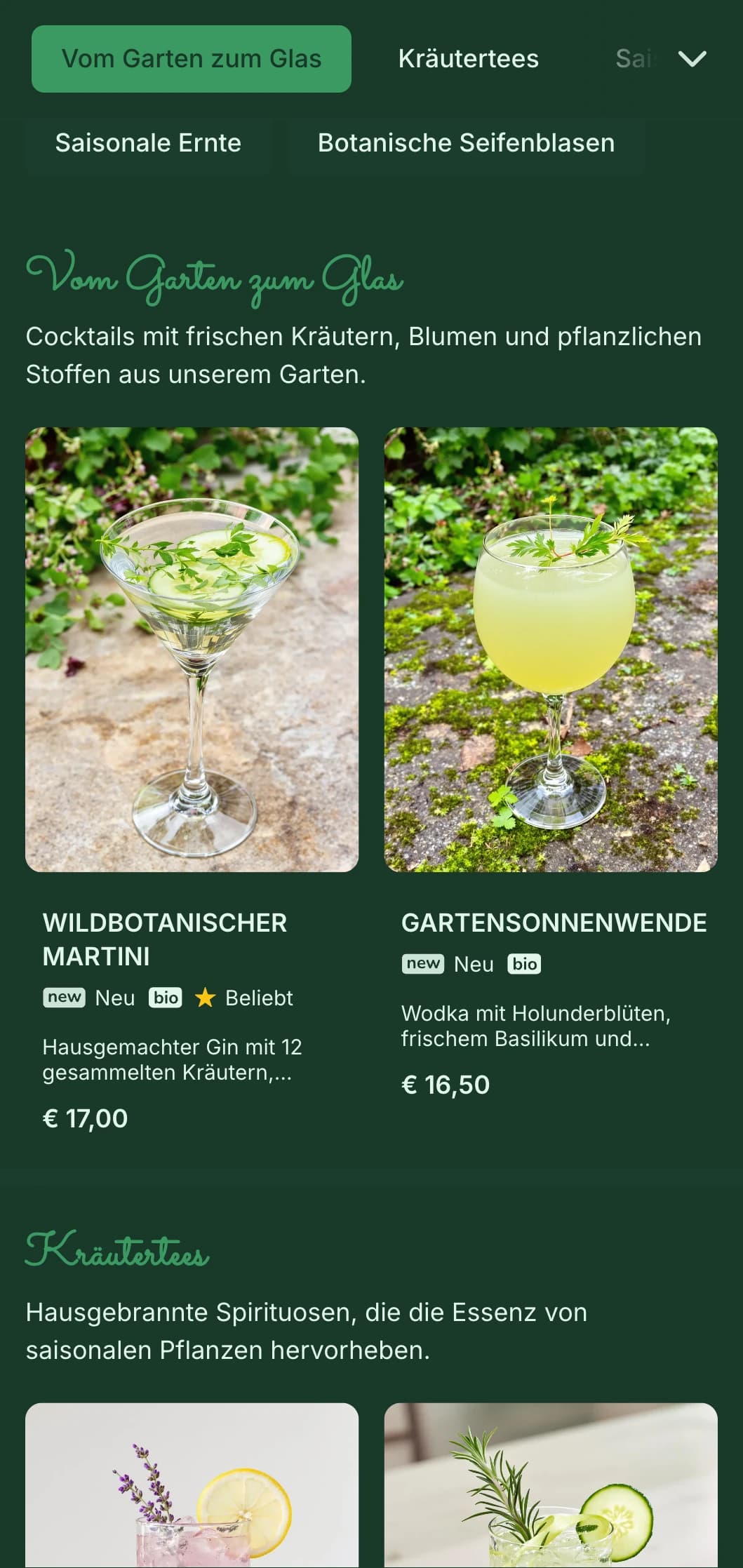 Erfrischende grüne Palette mit handgezeichneten Kräuterillustrationen für botanische Cocktailspezialisten.