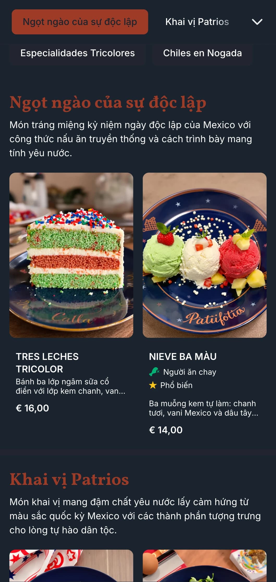 Thực đơn mang tính yêu nước và lễ hội kỷ niệm ngày độc lập của Mexico với các yếu tố bằng đất nung, xanh lá cây và trắng cùng các đặc sản theo mùa.