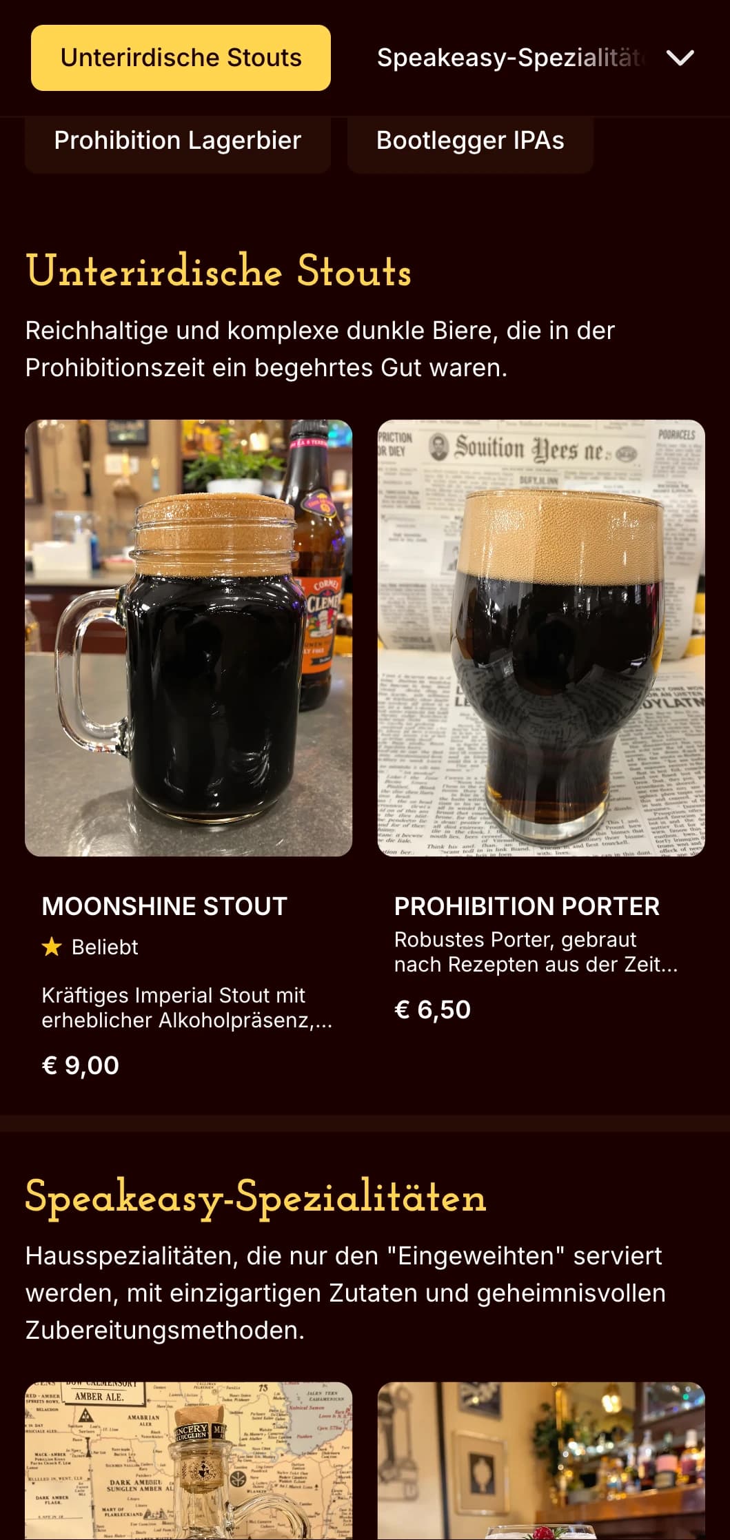 Heimliches Design aus der Zeit der Prohibition mit dunklen Tönen und geheimnisvoller Ästhetik, ideal für Bierbars mit Speakeasy-Charakter.