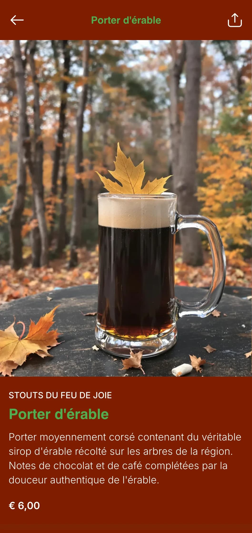 Design chaud et riche sur le thème de l'automne avec des couleurs de récolte et des motifs de feuilles, parfait pour les menus de bières saisonnières d'automne.