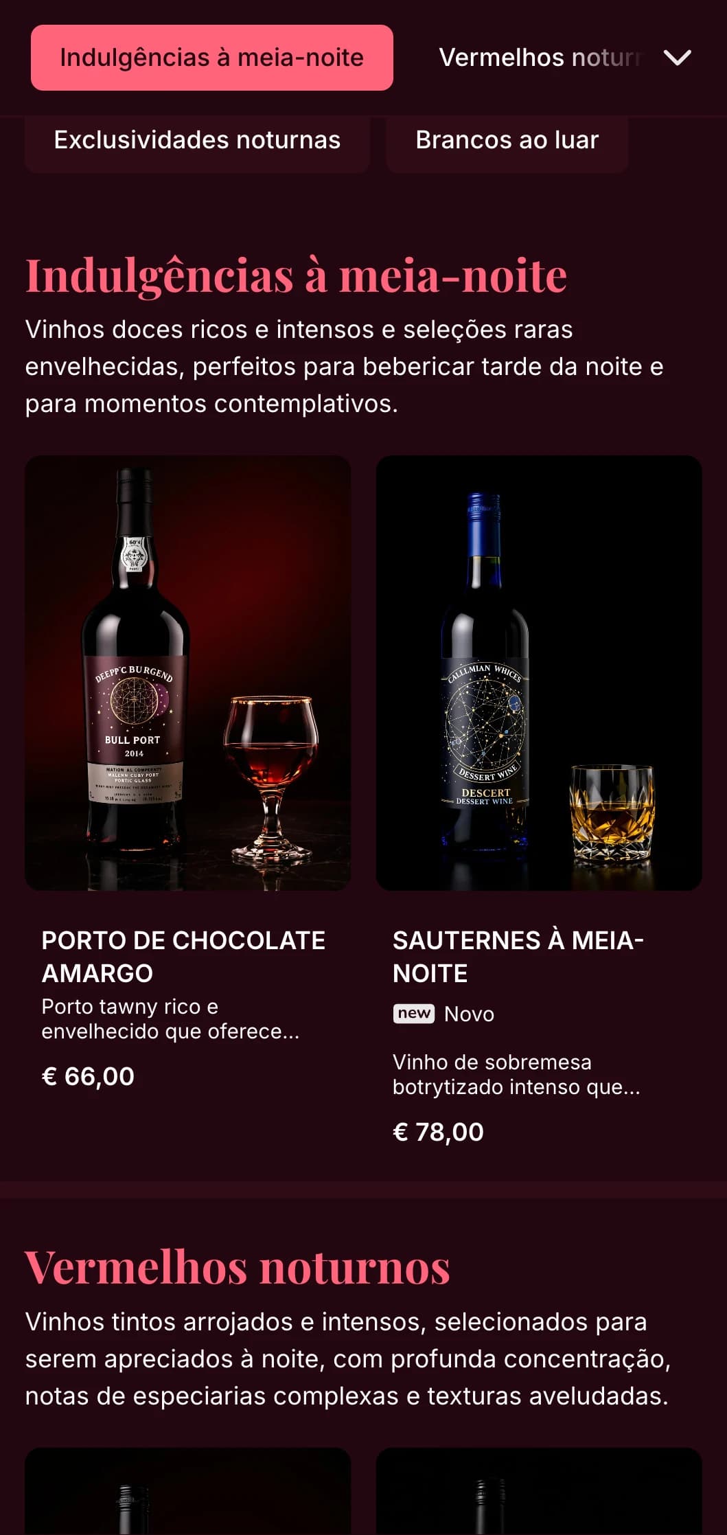Modelo de carta de vinhos intensamente dramático, com detalhes em rosa marcante e fundo cor de vinho profundo, ideal para salas de vinhos exclusivas e locais noturnos.