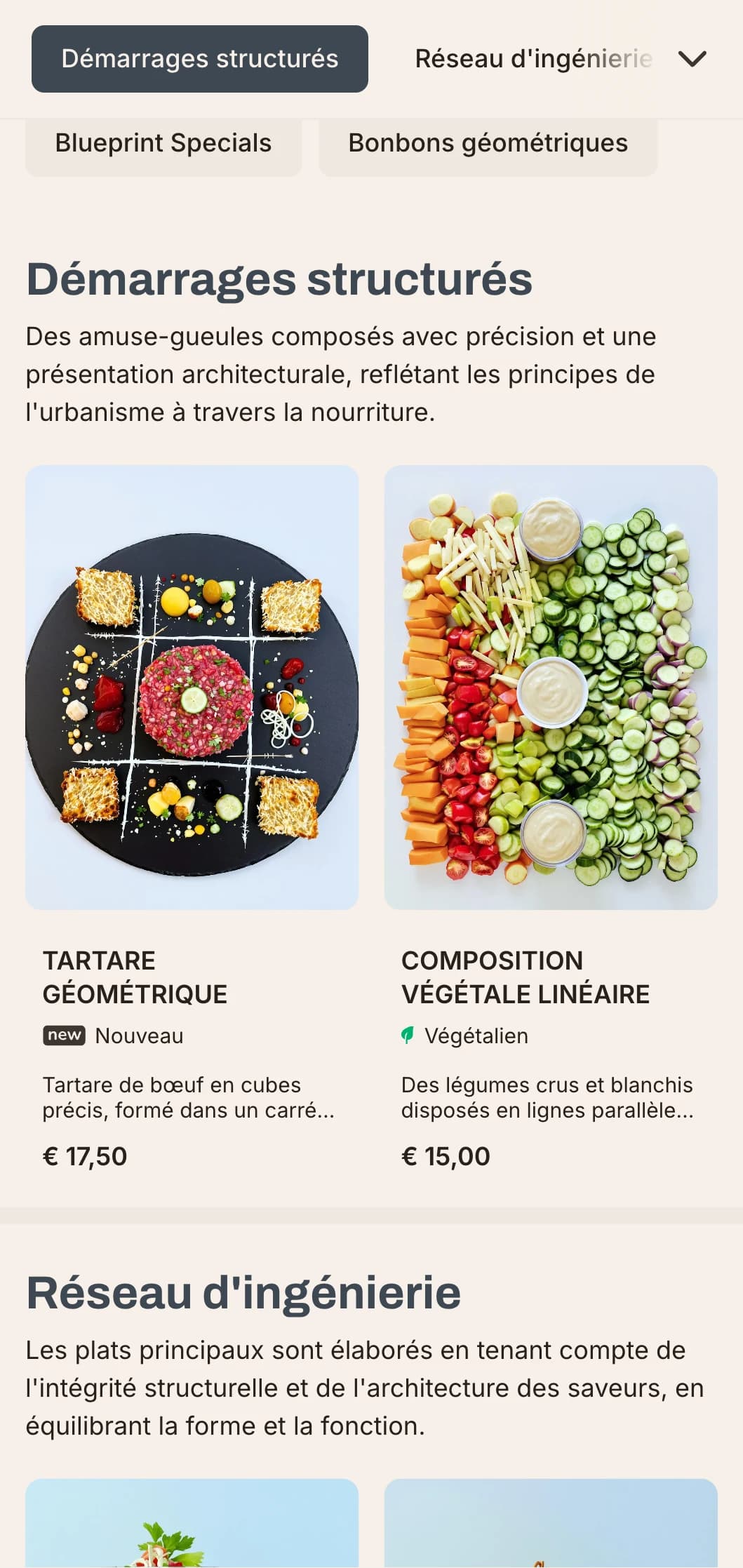 Un menu de déjeuner audacieux et architectural avec des lignes fortes et des éléments urbains, idéal pour les restaurants contemporains dans les quartiers d'affaires et les développements modernes.