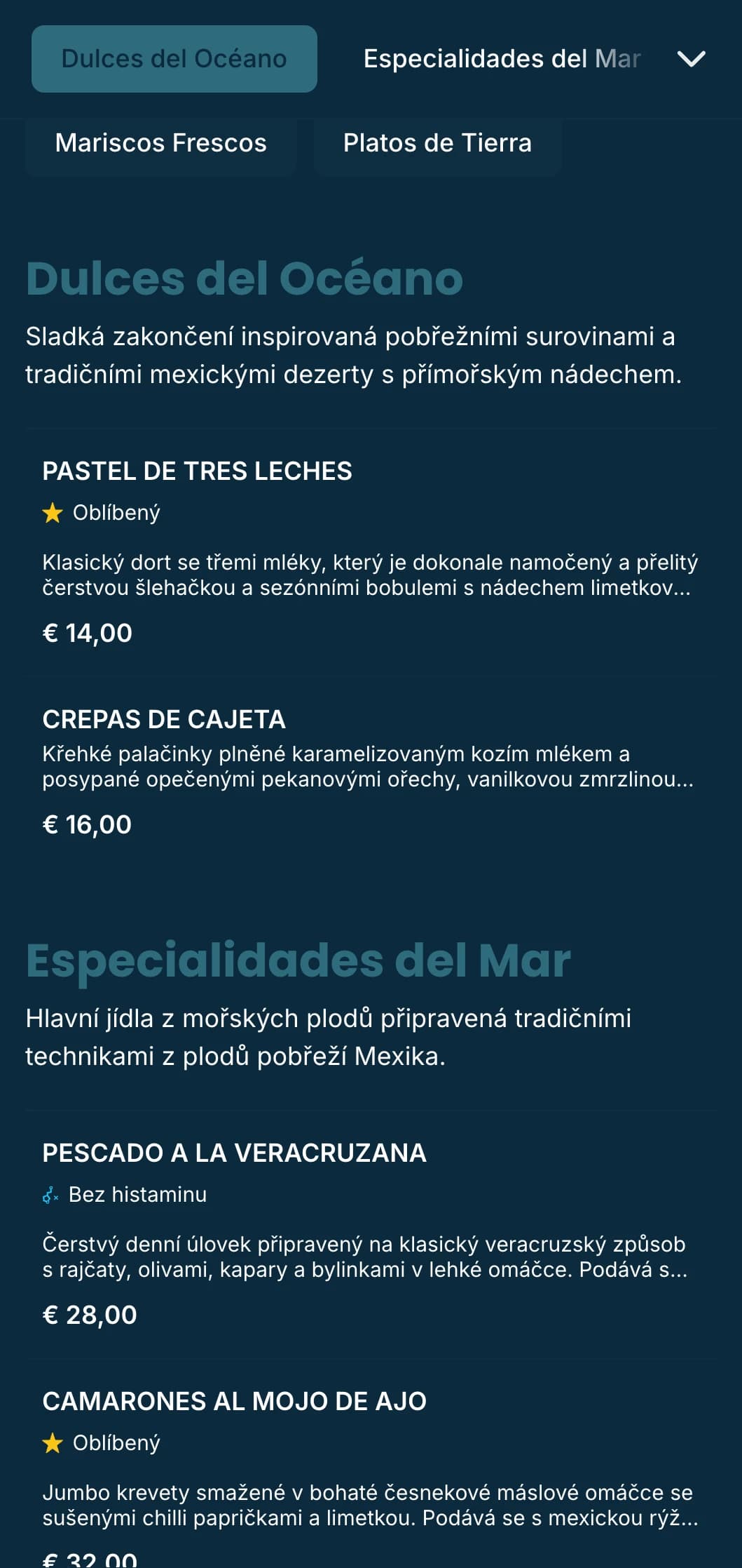 Svěží a svěží pobřežní mexické menu se specialitami z mořských plodů s azurově modrými akcenty, jemnými vzory vln a atmosférou na pláži.