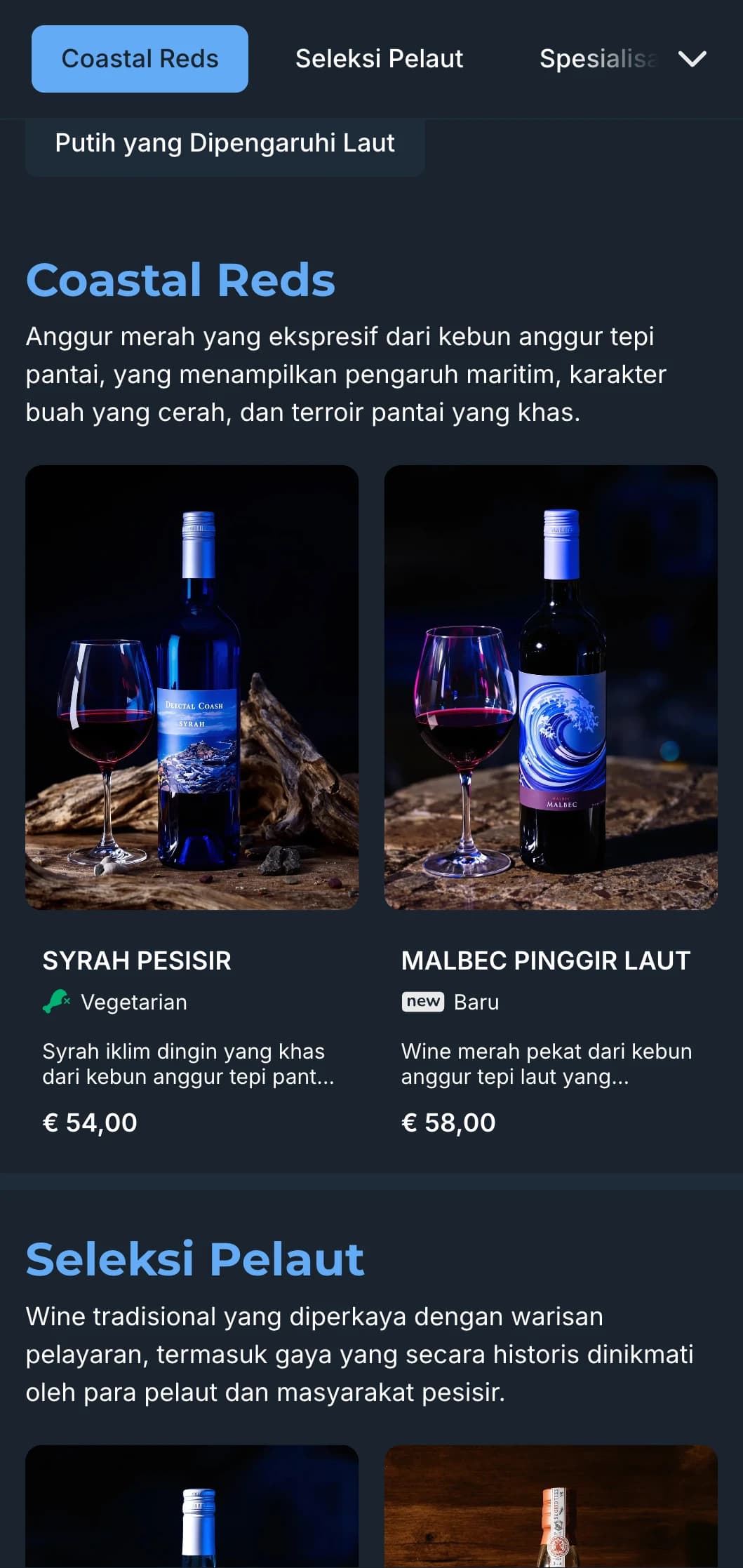 Templat daftar anggur gelap yang terinspirasi dari Mediterania dengan aksen biru cerah, cocok untuk restoran pesisir malam dan pengalaman anggur tepi laut.