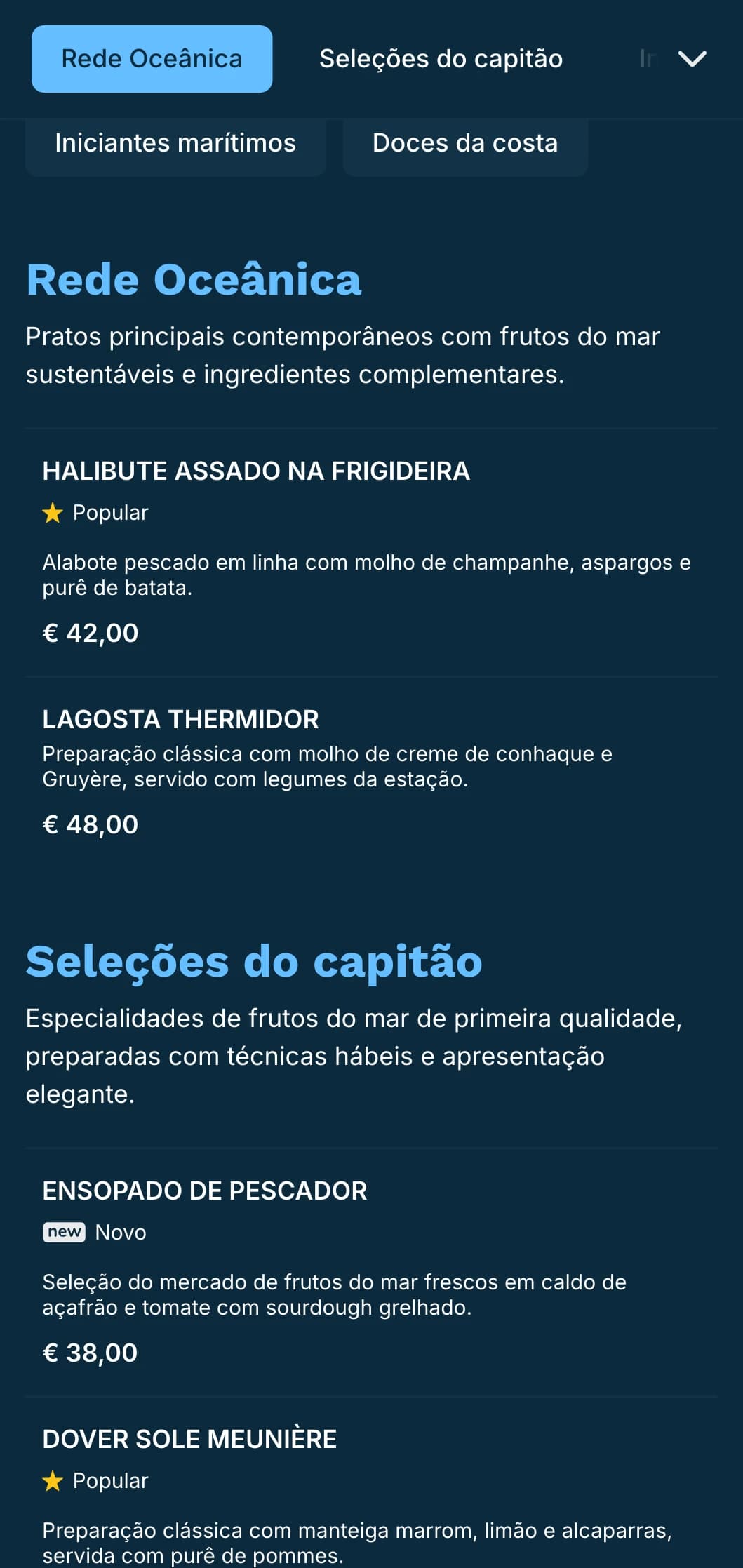 Um cardápio de jantar nítido, em tons de azul, com influências náuticas, perfeito para restaurantes sofisticados de frutos do mar.