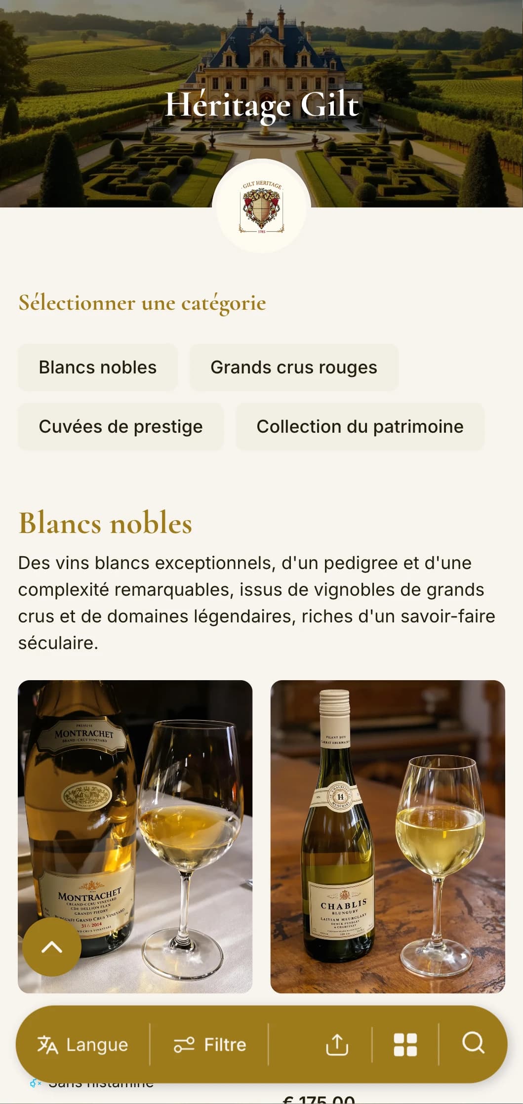 Modèle de carte des vins luxueusement traditionnel avec des accents dorés et des éléments patrimoniaux, parfait pour les domaines viticoles établis et les restaurants gastronomiques classiques.