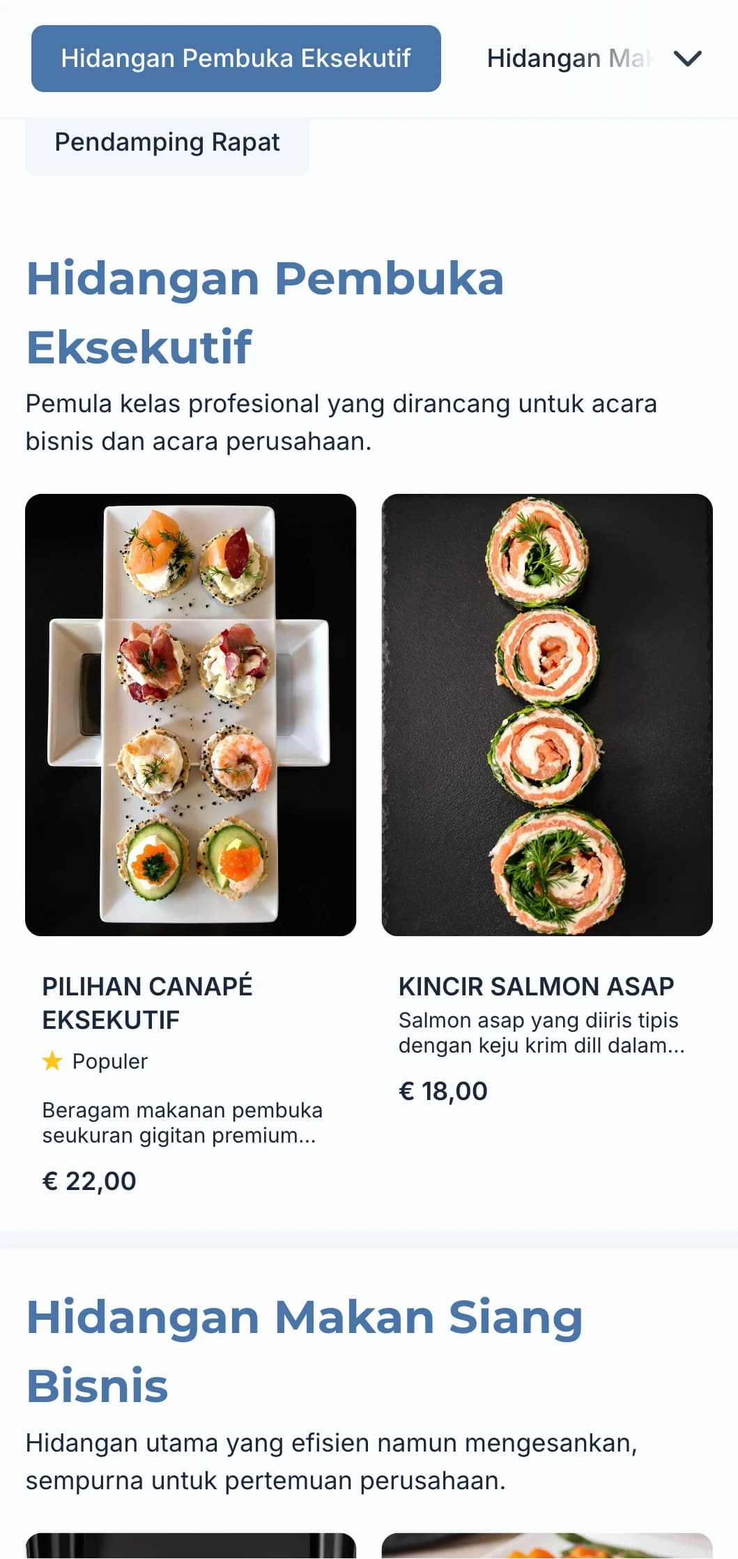 Layanan katering profesional yang dirancang untuk pertemuan bisnis dan acara perusahaan, dengan fokus pada layanan yang efisien dan presentasi yang berkualitas.