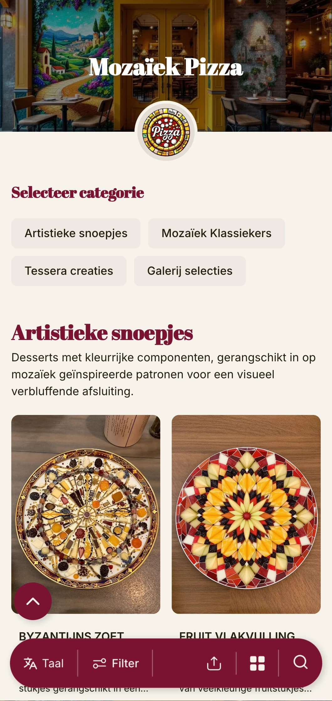 Kleurrijk, artistiek pizzamenu geïnspireerd op Italiaanse mozaïekkunst met levendige elementen.